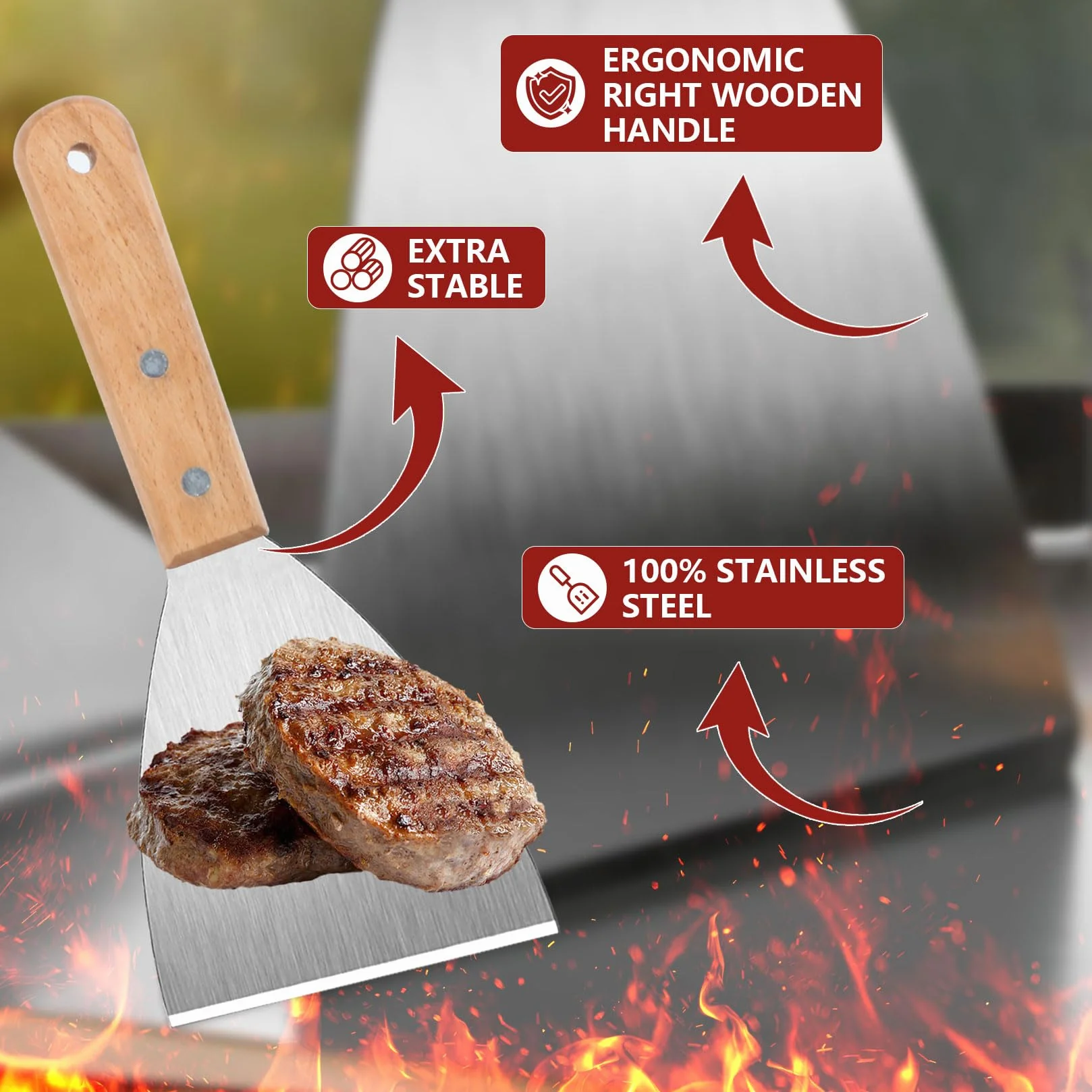 Zestaw spachtel z nierdzewnej stali do grilla BBQ, drewniany uchwyt do burgerów