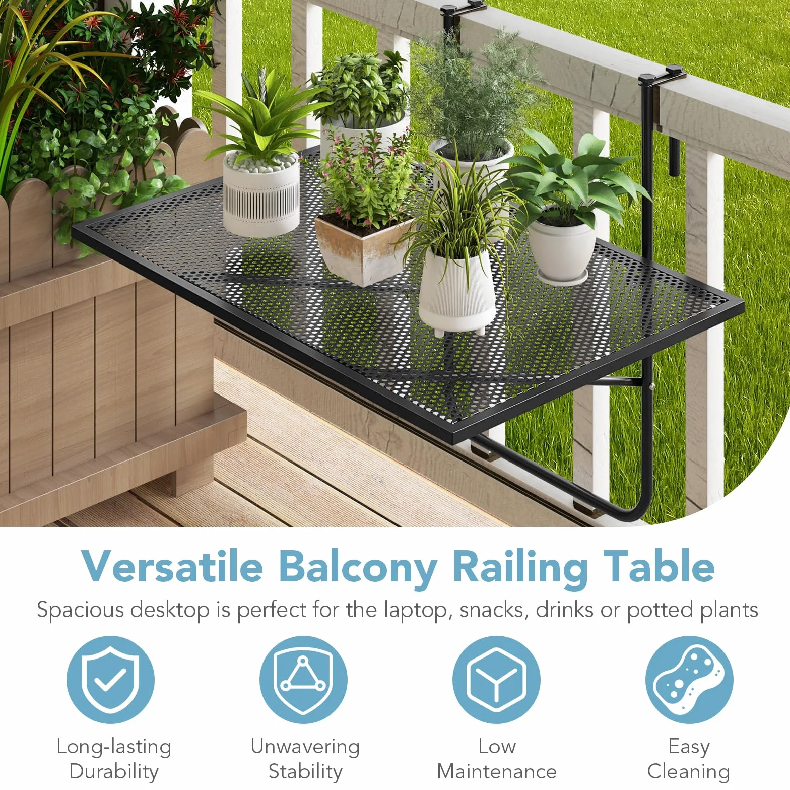 GIANTEX Składany stół balkonowy, metalowy stolik pomocniczy do balustrad | 60,5 x 40,5 x 51 cm, metalowy stolik zewnętrzny oszczędza miejsce, blat z siatki, na taras