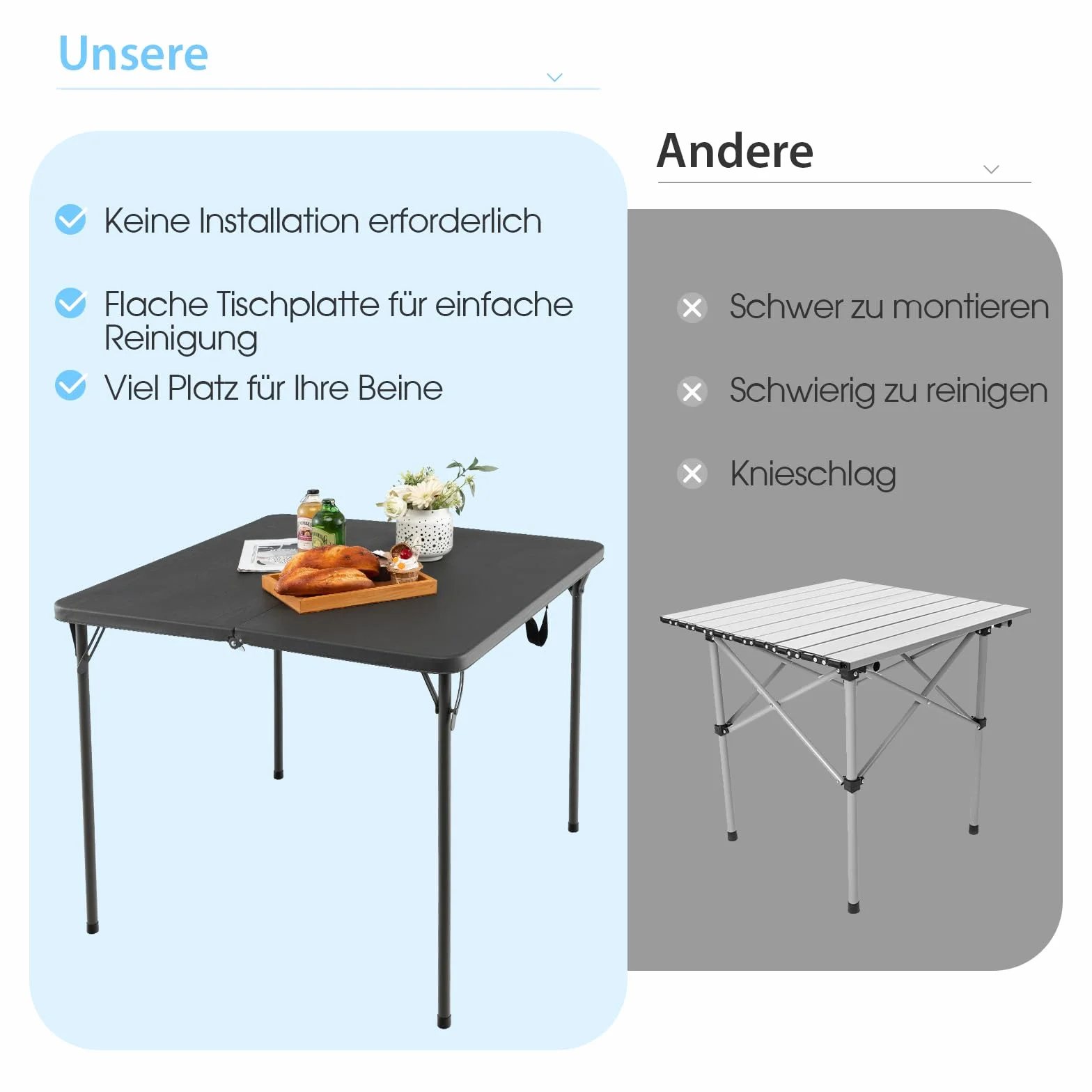 COSTWAY Składany stół kwadratowy, 86 x 86 cm, kempingowy, składany, z blatem z HDPE i uchwytem do noszenia, dla 4 osób, przenośny do jadalni i kuchni, ogrodowy