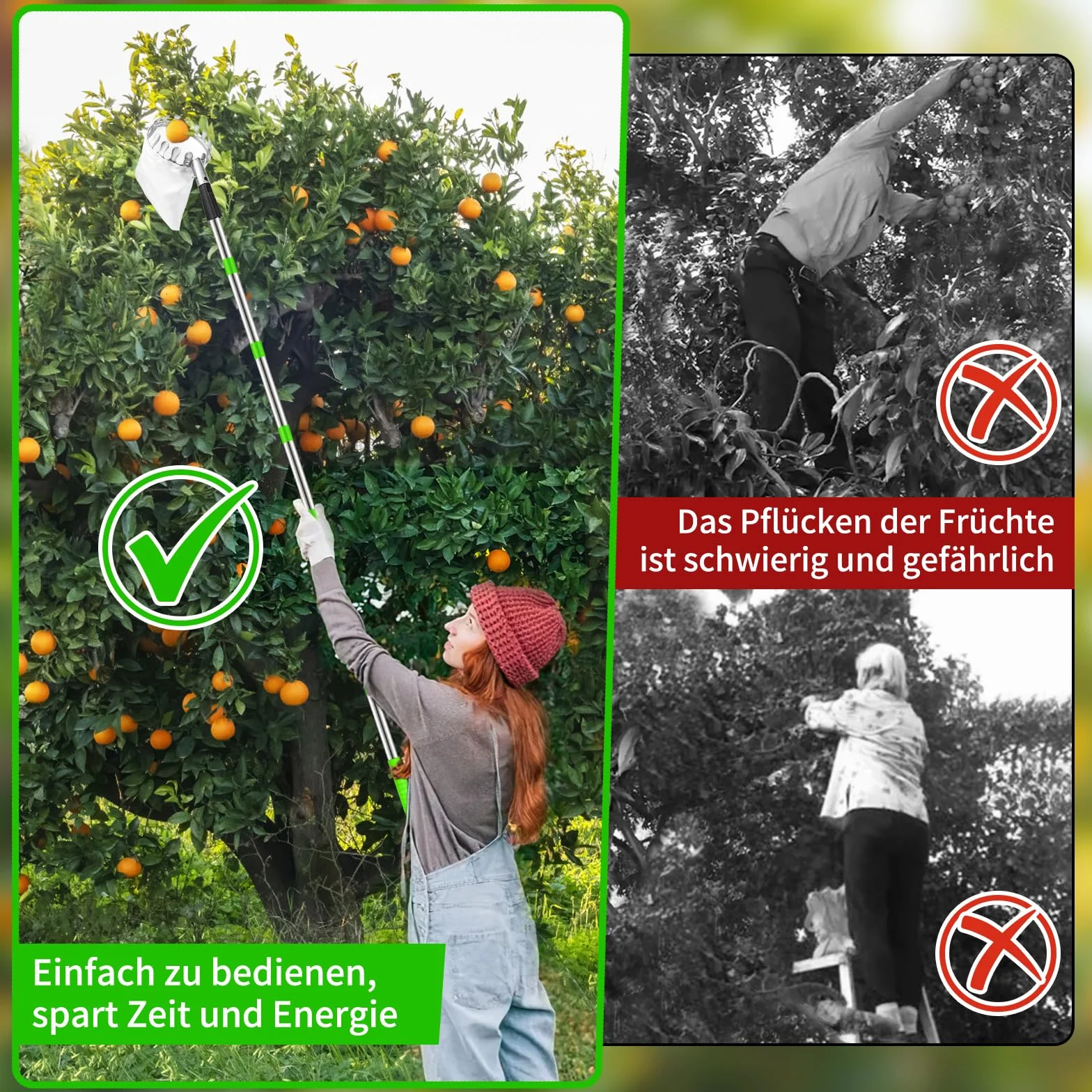 Dreamtop Zbieracz jabłek 2,8 m z trzonkiem teleskopowym, średnica 16 cm, regulowany, do wiśni, śliwek, pogrubiony woreczek, zbieracz jabłek z teleskopowym trzonkiem, stal szlachetna