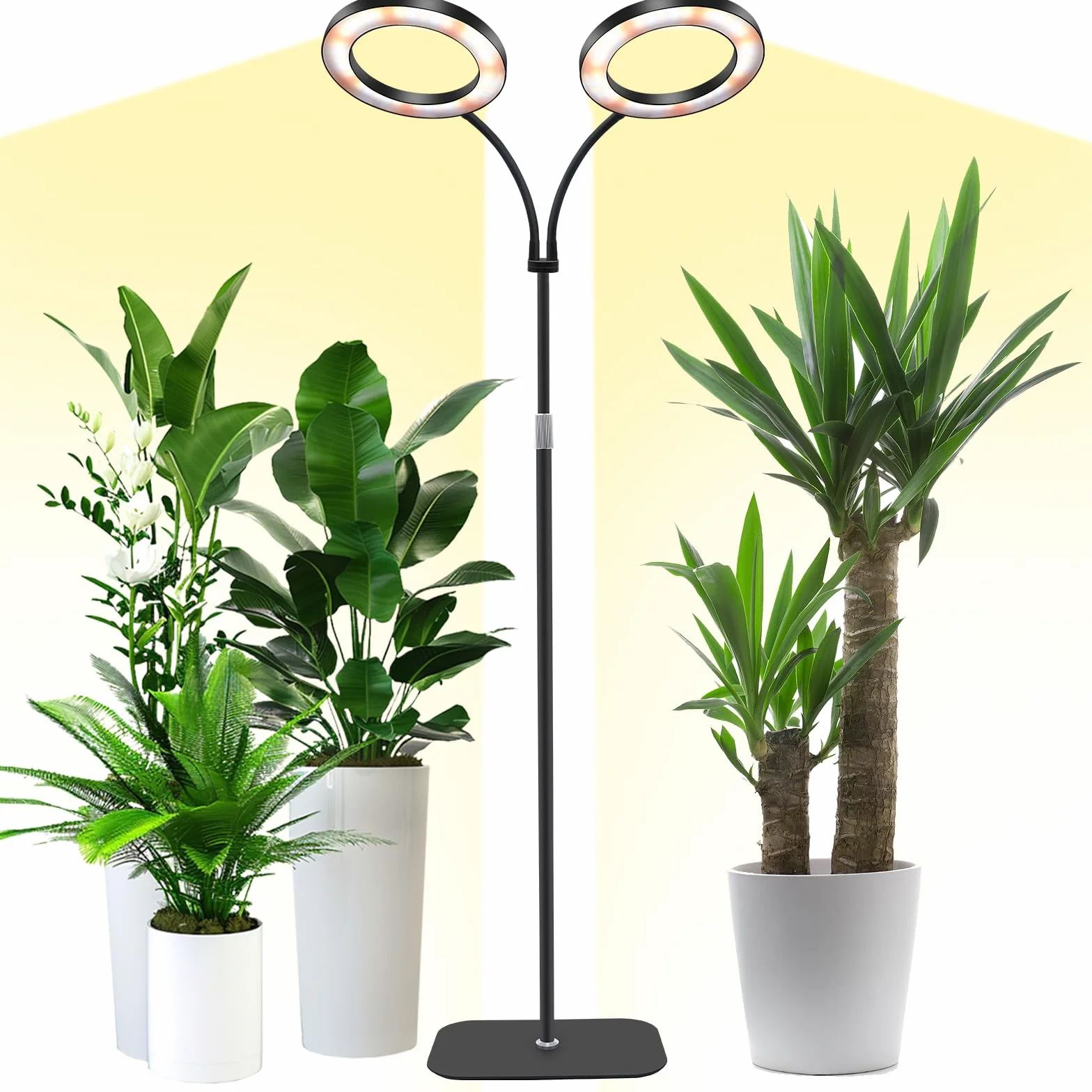 Niello Lampa do uprawy roślin ze stojakiem, 2 głowice LED do roślin pokojowych, pełne spektrum, automatyczne włączanie/wyłączanie, timer 3/9/12h, 10 stopni ściemniania, regulowana wysokość dla dużych