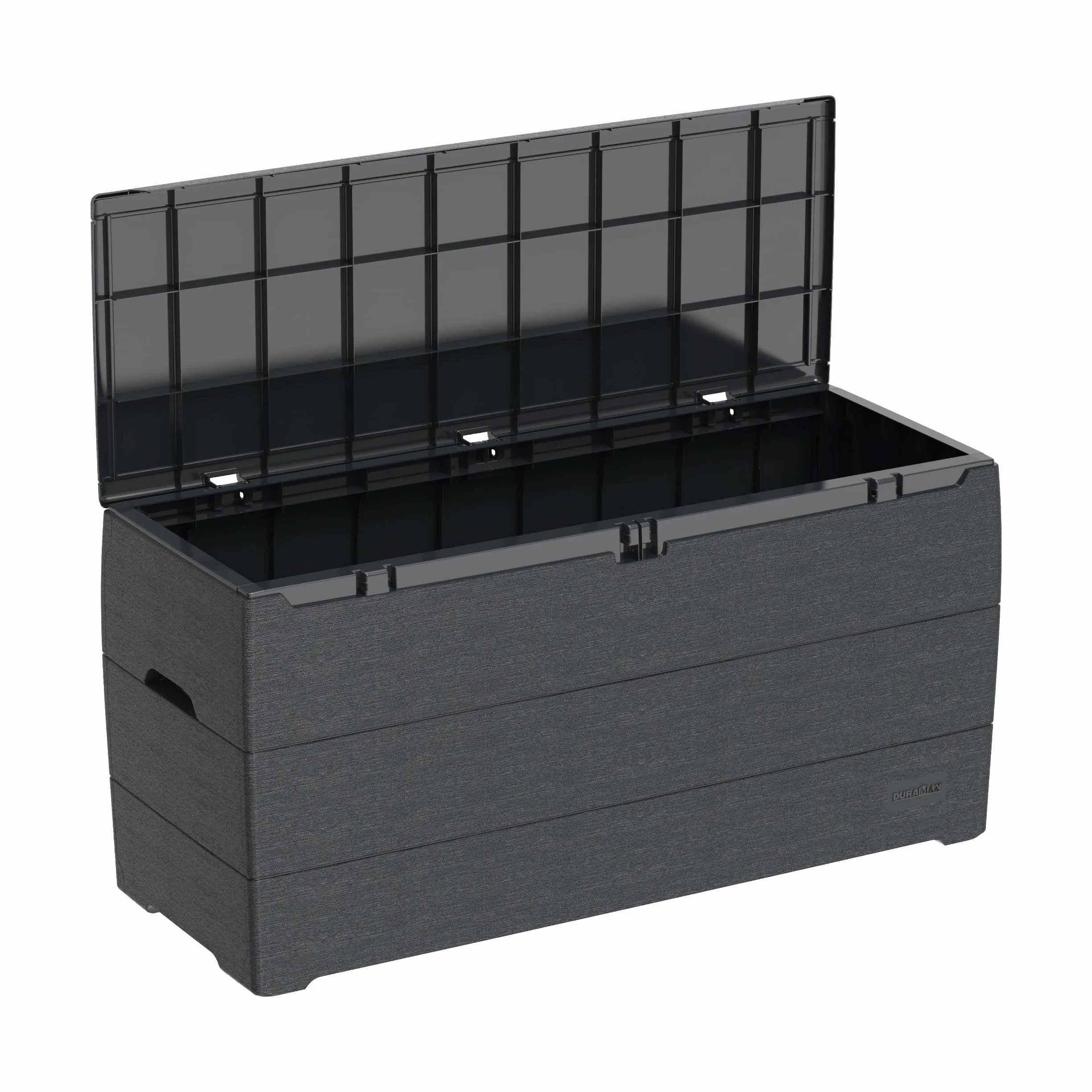 Duramax Cedargrain Durabox 270 litrów/71 galonów pojemnik do przechowywania, Organizer na meble ogrodowe, plastikowe pudełko na poduszki, pudełko na patio, ciemnoszary