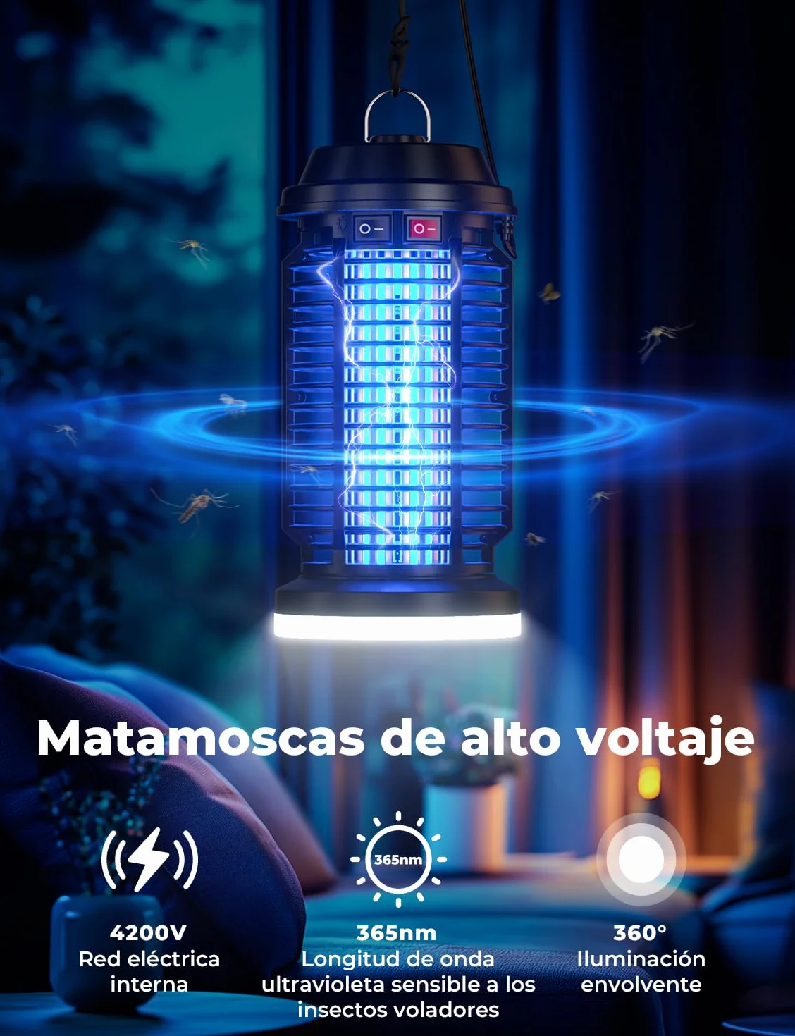 YISSVIC Elektryczna lampa przeciwkomarowa 4200 V 15 W UV IPX4 wodoodporna