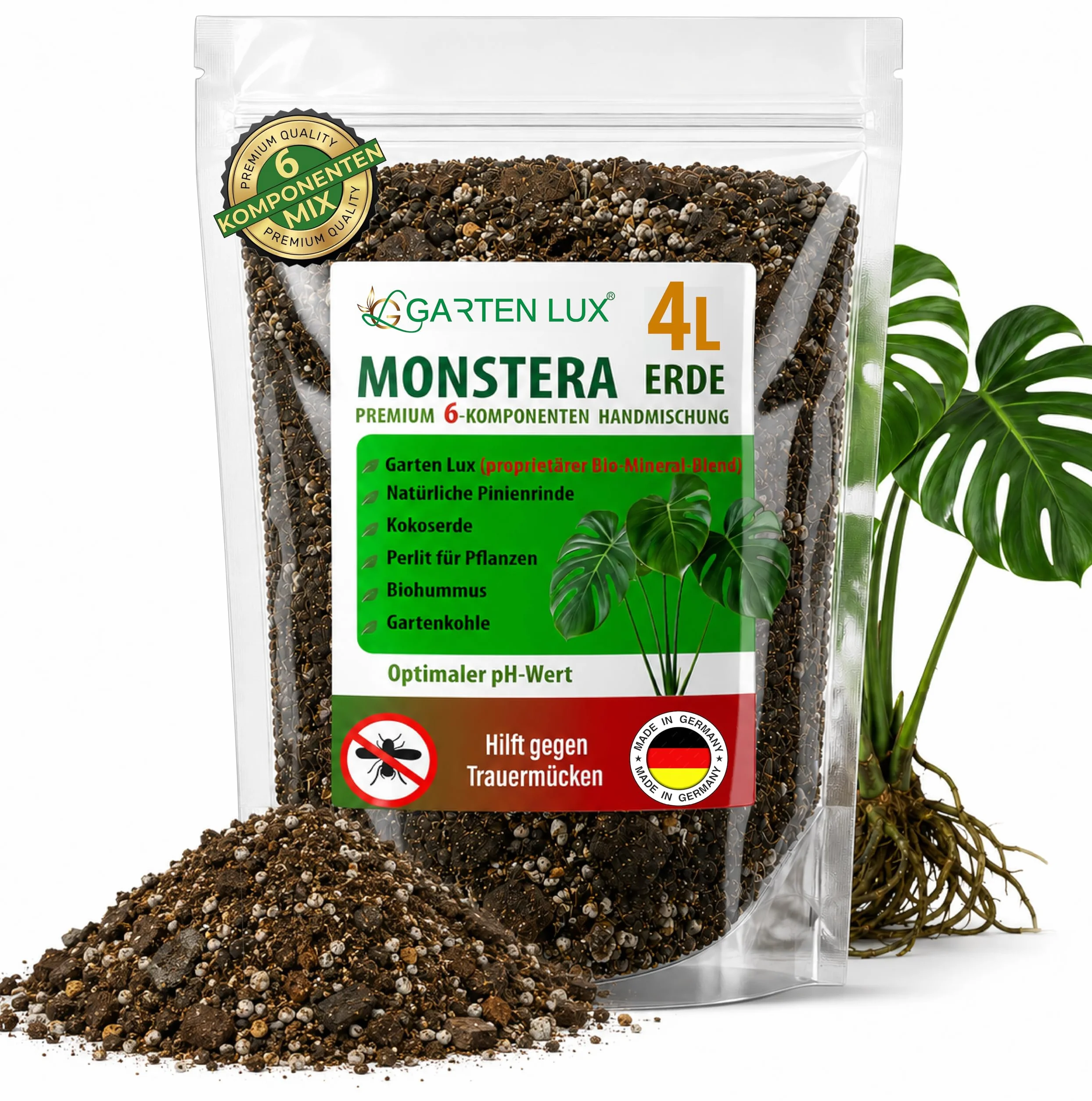 Garten Lux Monstera Terra 4 l bez torfu - 6 w 1 przeciwko komarom żałobnym | aroidalne podłoże | ziemia kokosowa, perlit, kora sosnowa, biohumus, węgiel ogrodowy + tajny kompleks |