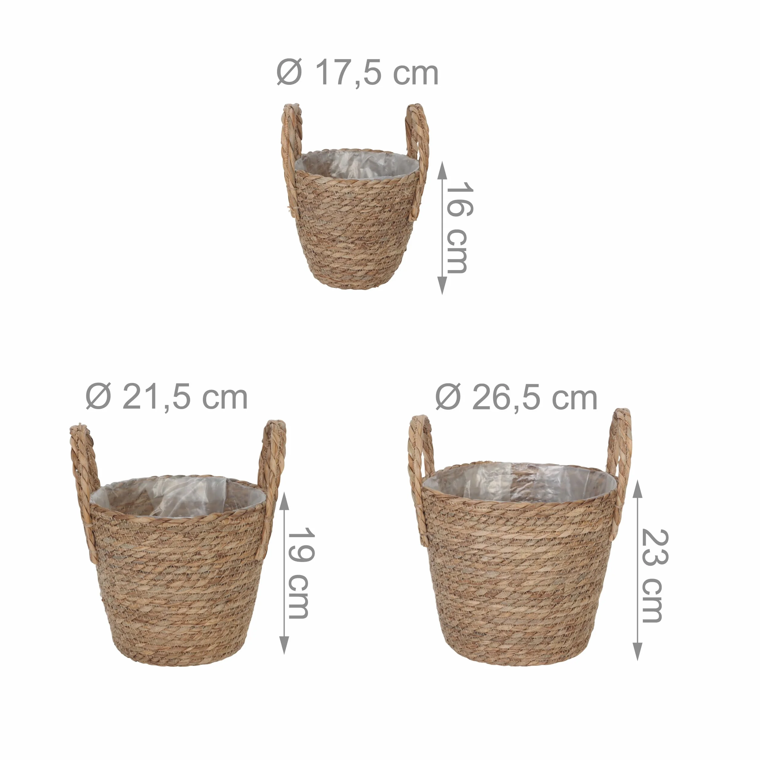 Relaxdays Doniczka z wkładką i uchwytami, zestaw 3 sztuk, trzcina, 3 rozmiary, styl boho, okrągłe doniczki, naturalna