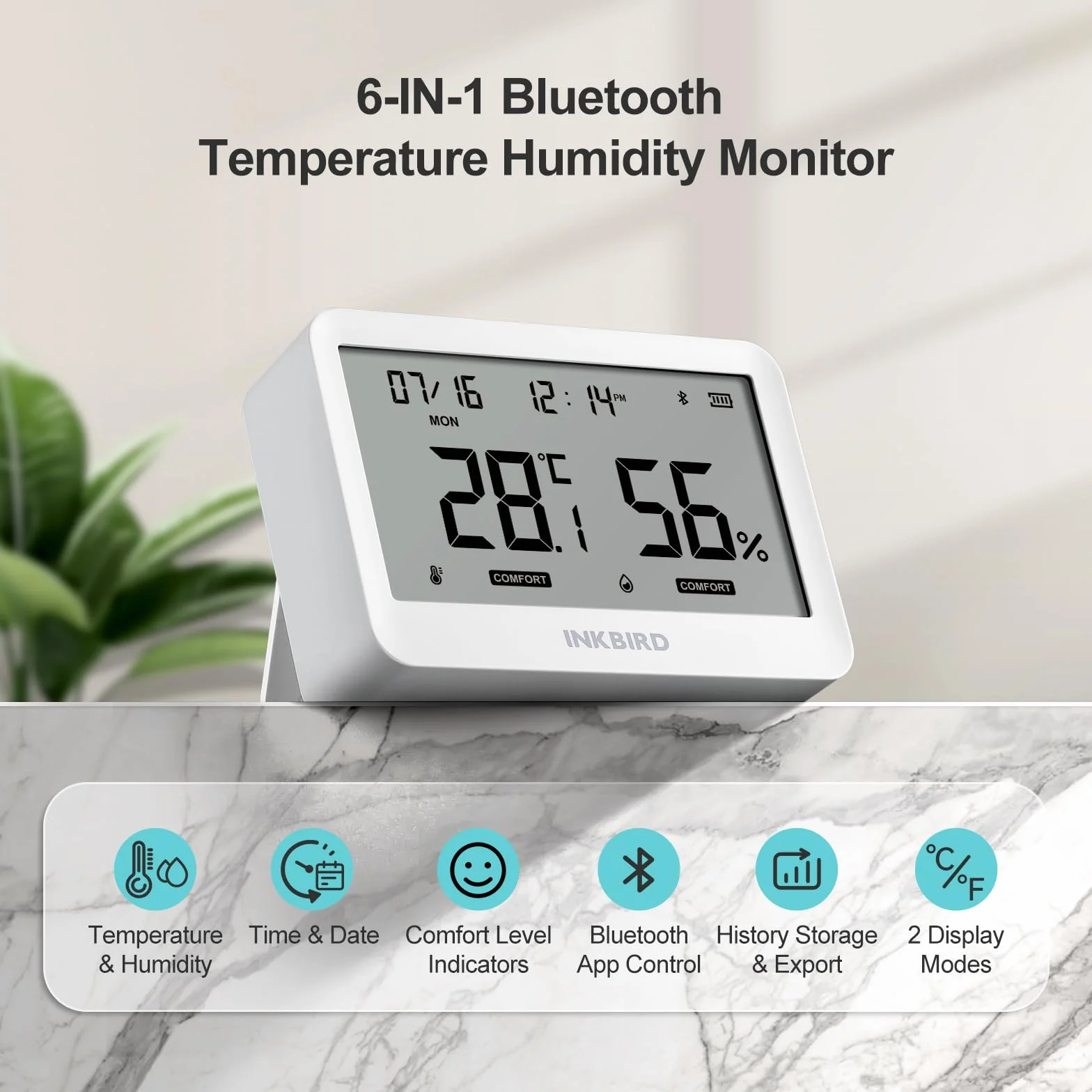 Inkbird ITH-21-B Bluetooth termometr z higrometrem, rejestrator danych, temperatura, wilgotność powietrza z bateriami, dwa tryby wyświetlania, higrometr, termometr wewnętrzny z aplikacją