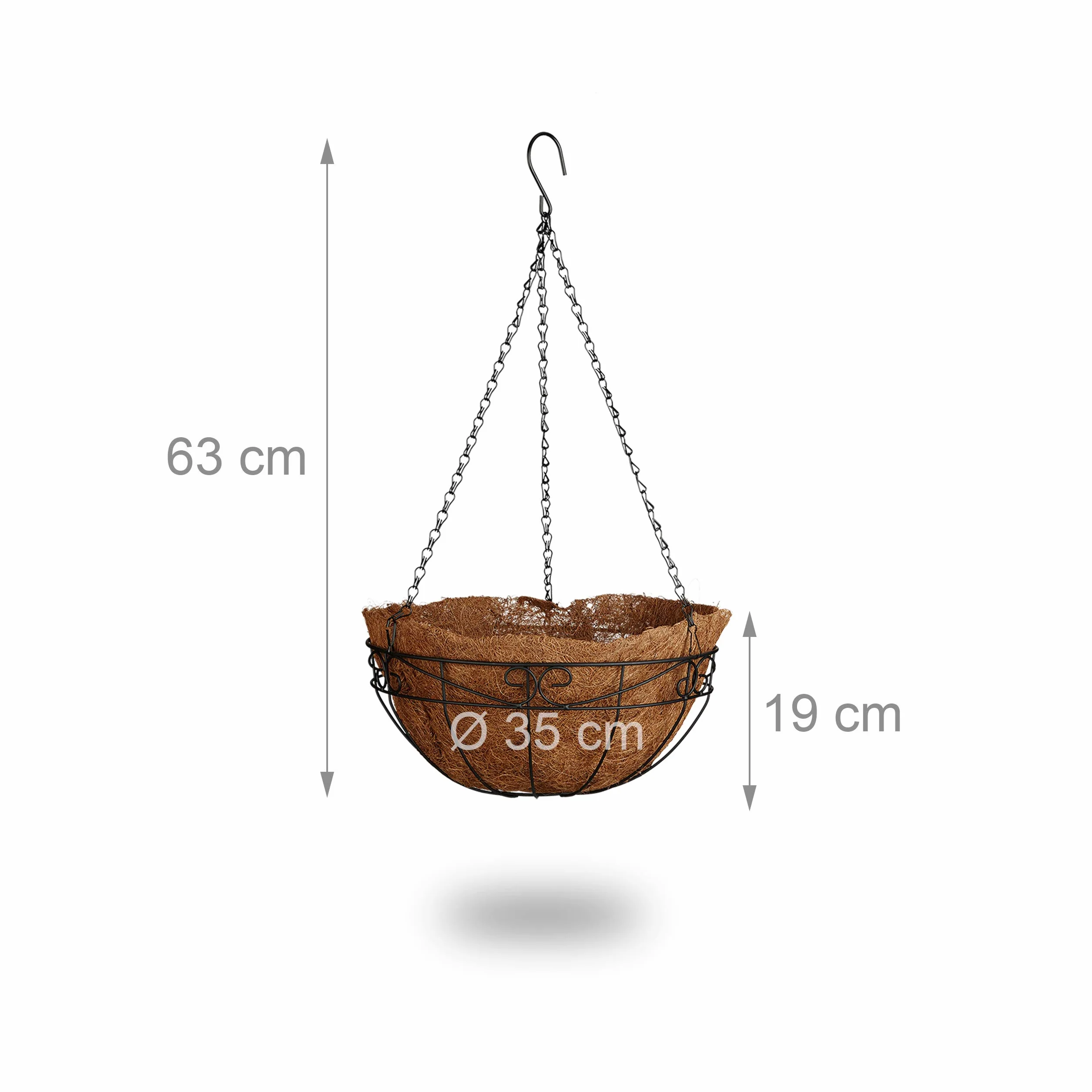 Relaxdays kosz wiszący 3 kosze, kokos, pojemność 33 l, z łańcuchem, średnica 35 cm jako kosz wiszący, brązowy
