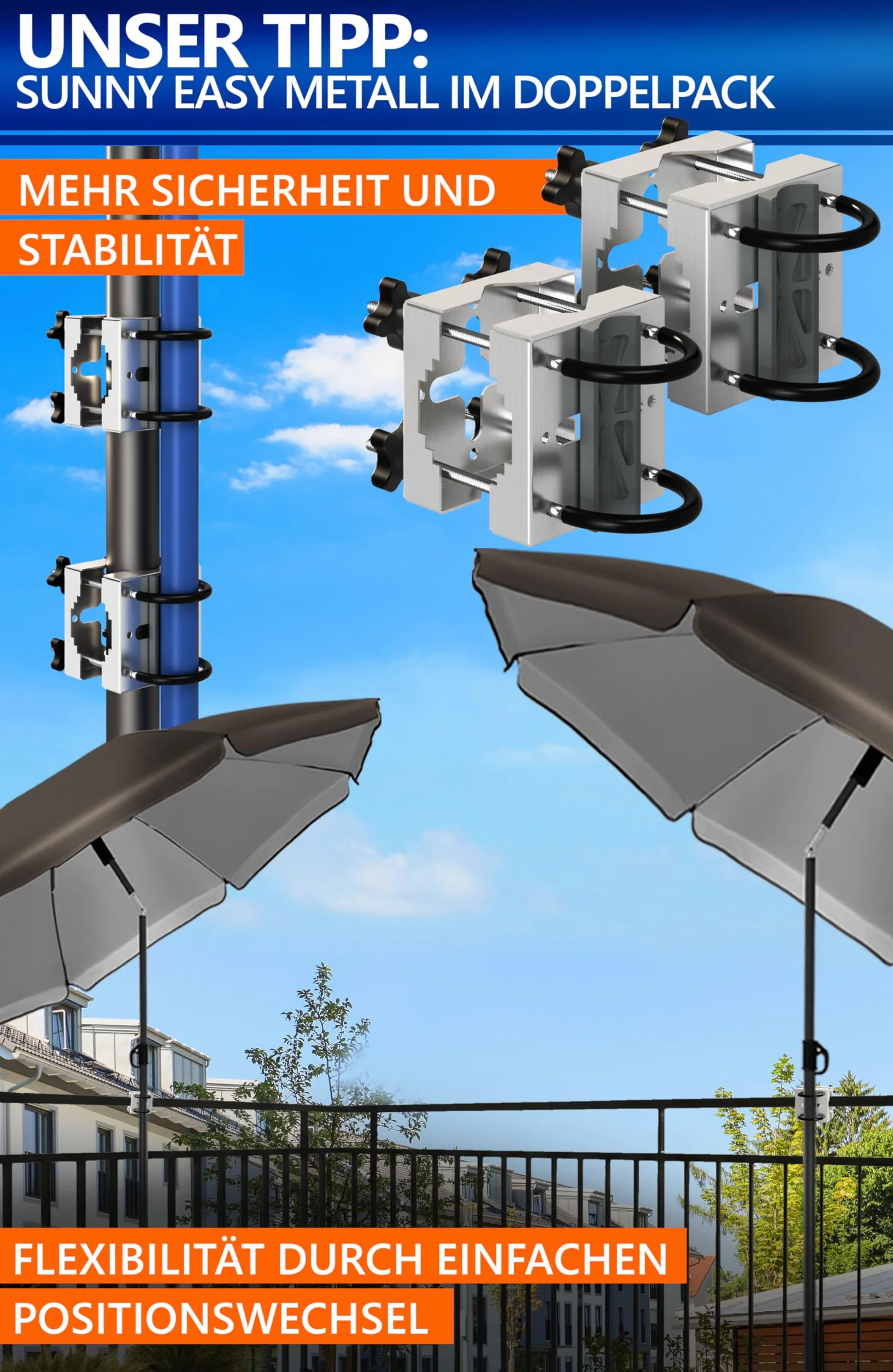4smile Uchwyt na parasol przeciwsłoneczny ze stali nierdzewnej do balustrad balkonowych - elastycznie montowany