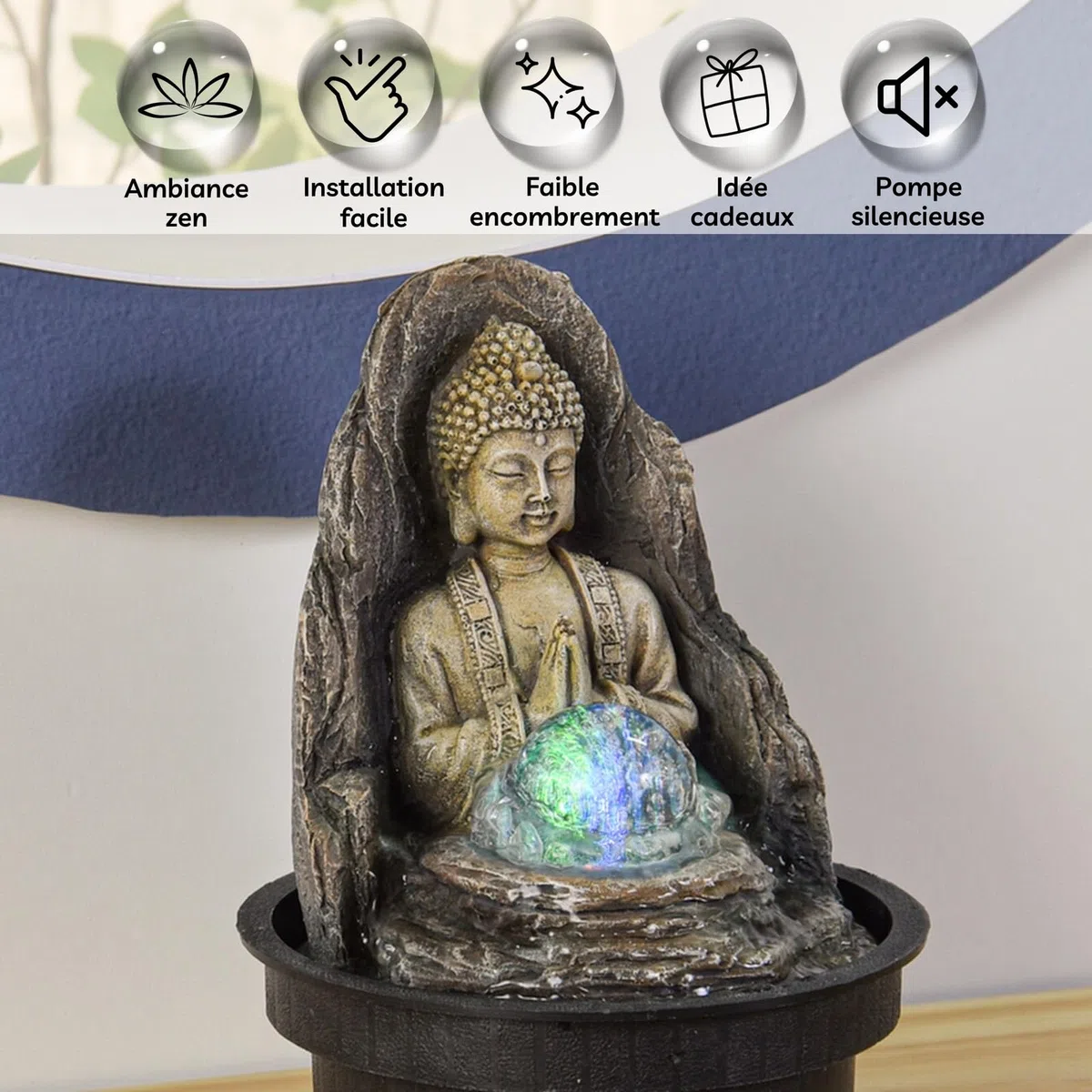 Fontaine Frieden – relaksująca fontanna wewnętrzna Zen Budda ze światłem LED – zamknięty i brązowy obieg – wys. 18 cm – Zen'light, żółta