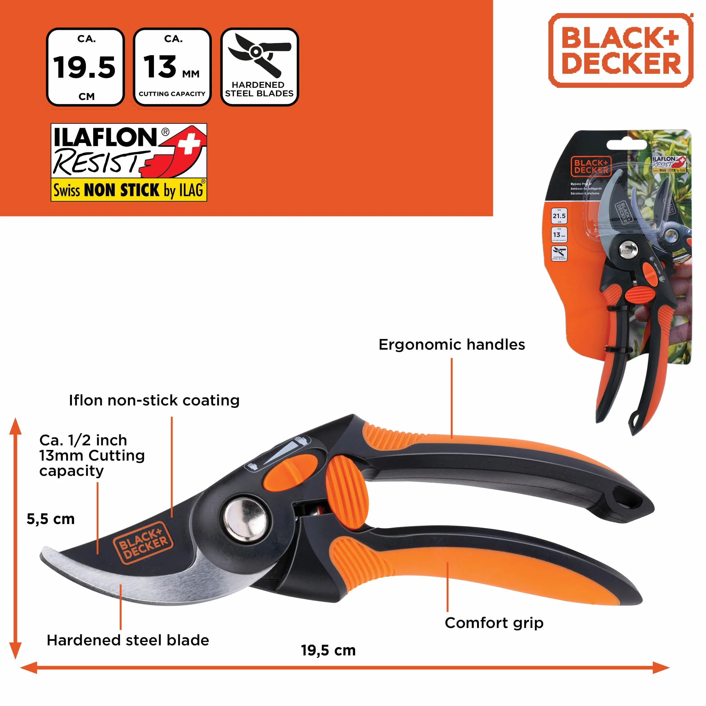 BLACK+DECKER Bypass sekator ogrodowy – wysokiej jakości stalowe ostrza – nożyce do gałęzi z ergonomicznym uchwytem – nożyce do przycinania drzew o pojemności 13 mm – czarne/pomarańczowe
