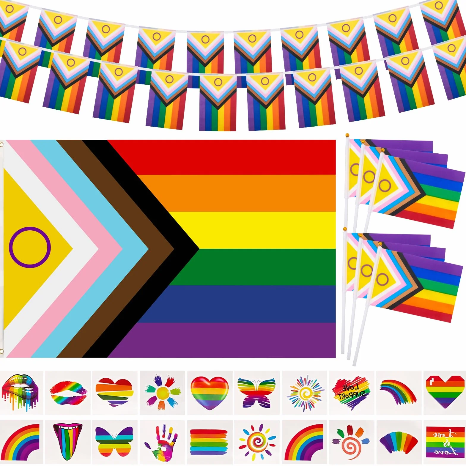 Progress Pride zestaw flag tęczowych 3x10m łańcuch chorągiewek Gay Parade dekoracja 47-częściowy