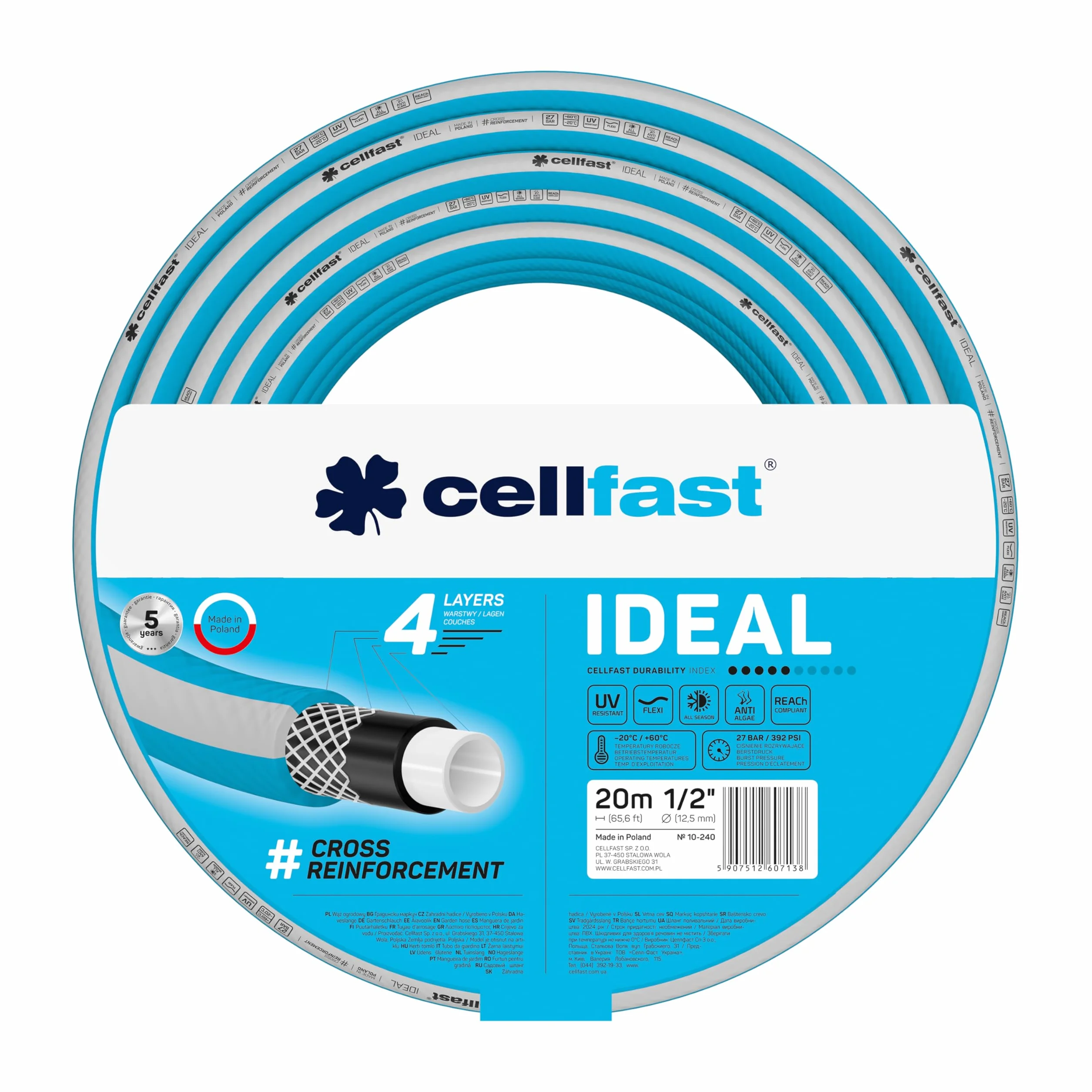 Cellfast Wąż Ogrodowy CellPro 4-Warstwowy Oplot Krzyżowy Odporny na UV 27 Bar 1/2 20m