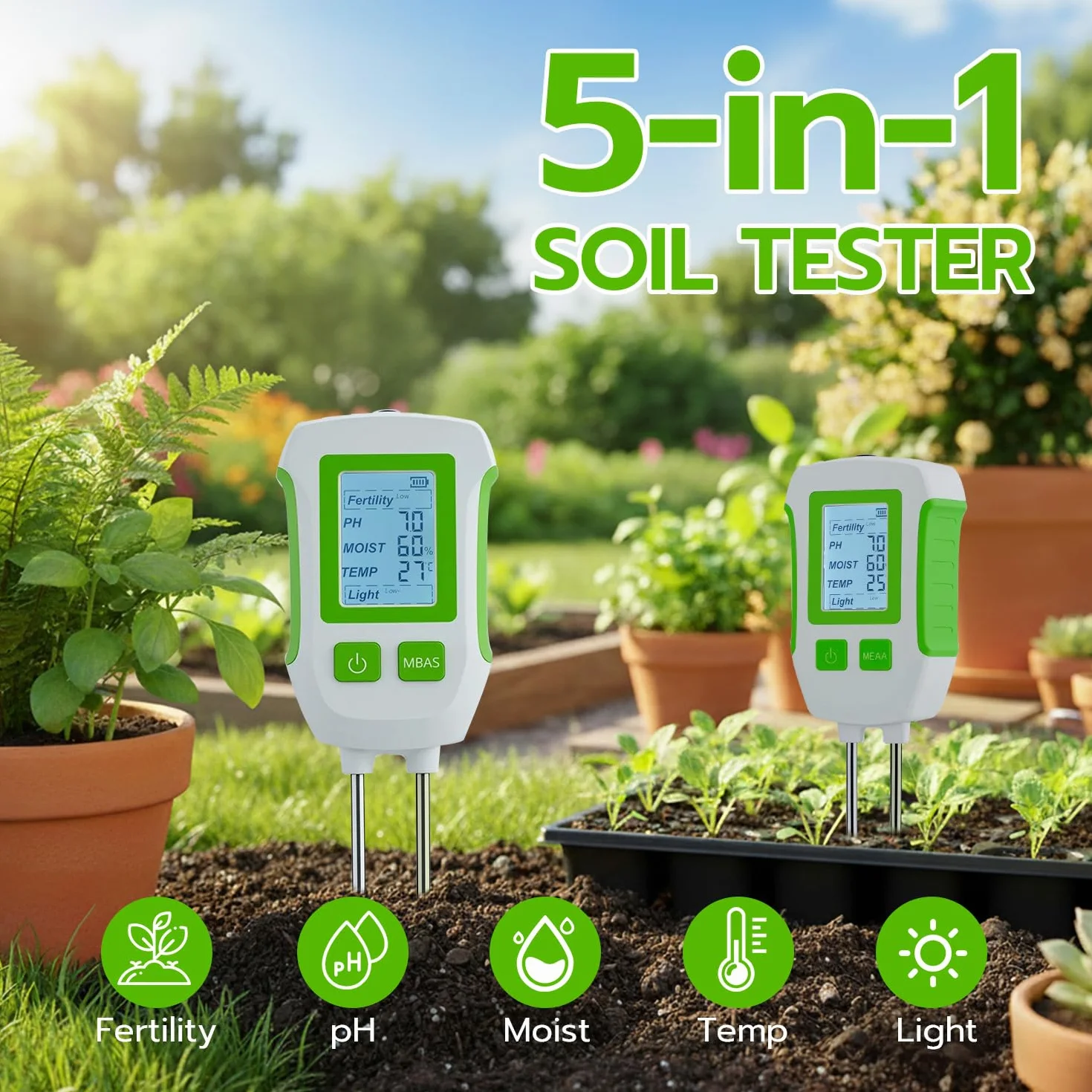 Mcbazel Tester gleby 5 w 1, wielofunkcyjny miernik do ogrodnictwa i rolnictwa, pomiaru pH, żyzności gleby, wilgotności, temperatury i światła, system podwójnej sondy z wyświetlaczem LCD, Spegnim