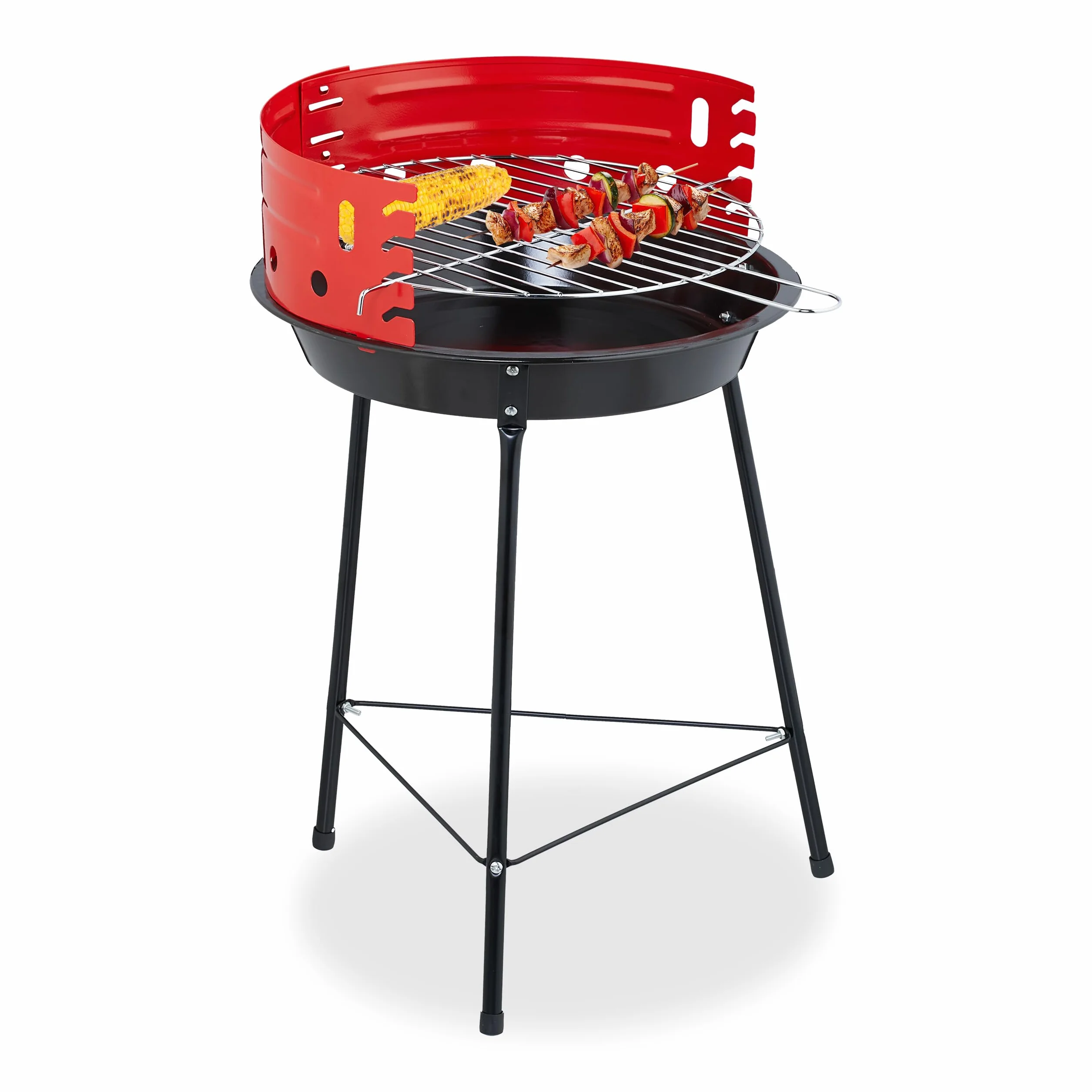 Relaxdays Grill na węgiel drzewny Ø 37 cm trójnożny z ochroną przed wiatrem czarny/czerwony