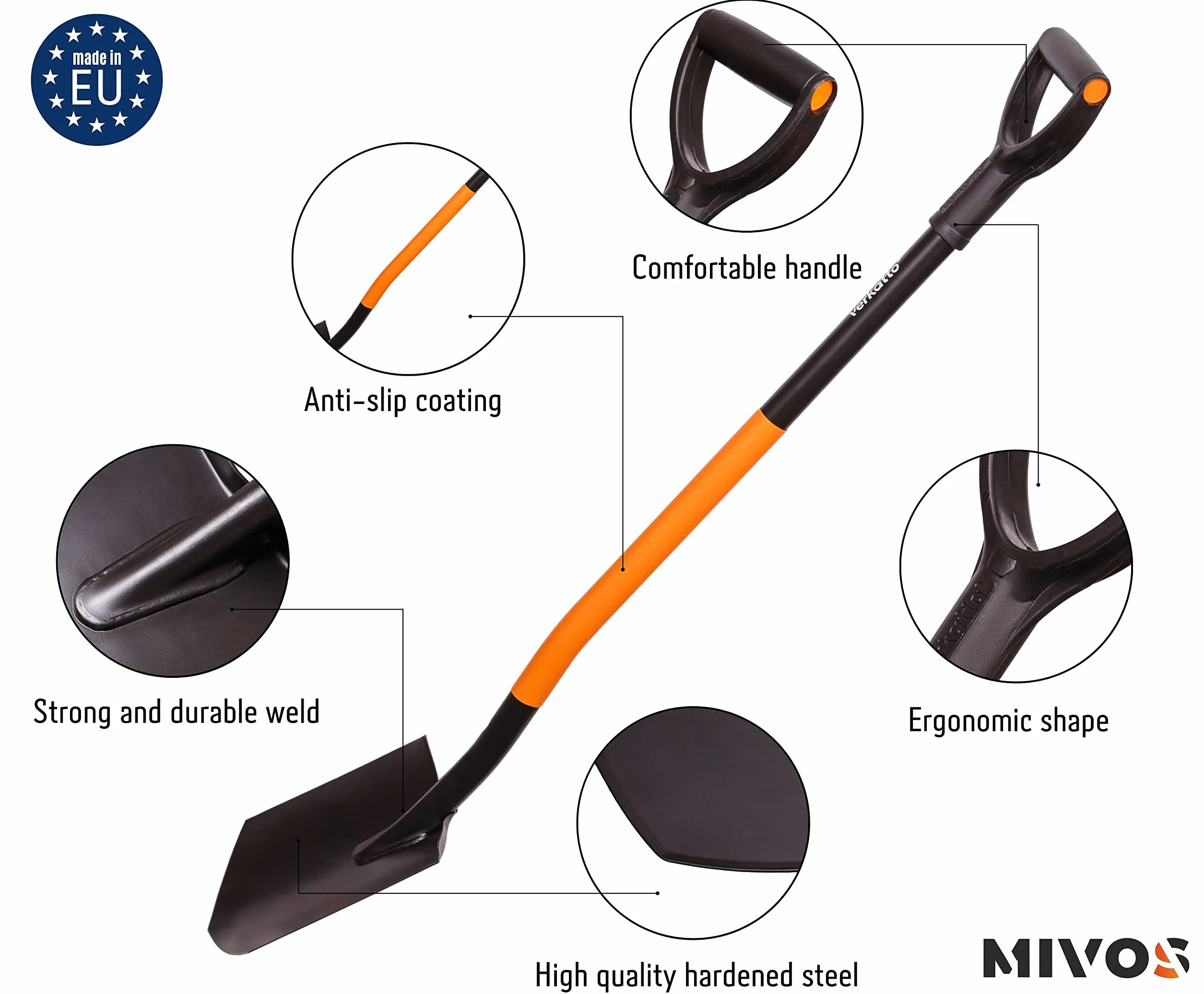 Mivos Ergonomiczna łopata ze stali węglowej – 124 cm – łopata ogrodnicza z hartowanym ostrzem i uchwytem D – do twardych podłóg kamienistych – wyprodukowano w UE