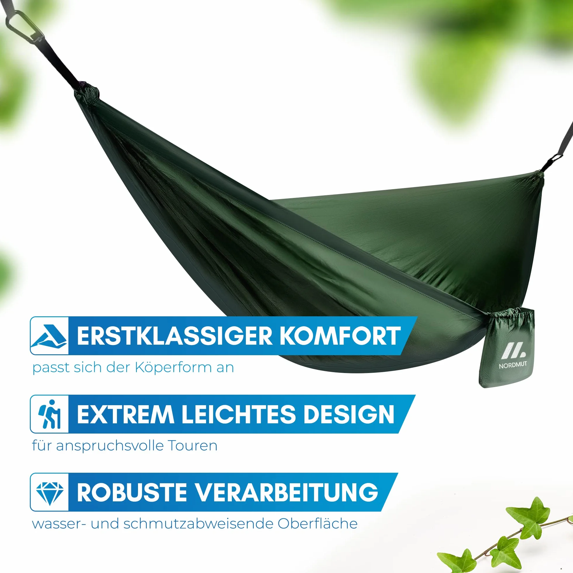 NORDMUT Hamak Outdoor z Zestawem Montażowym 300 kg 140 x 275 cm Zielony