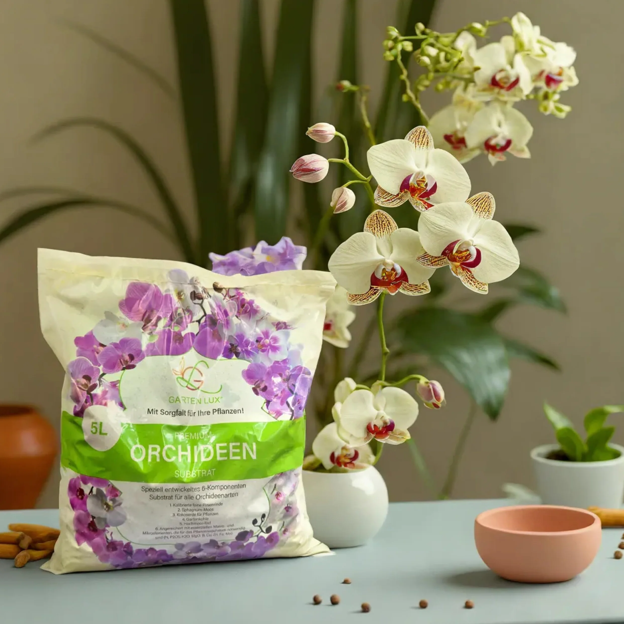 Garten Lux Premium ziemia do storczyków, 5 l, 6 komponentów, podłoże dla zdrowego wzrostu i optymalnej pielęgnacji roślin storczyków, idealne podłoże dla wszystkich rodzajów storczyków