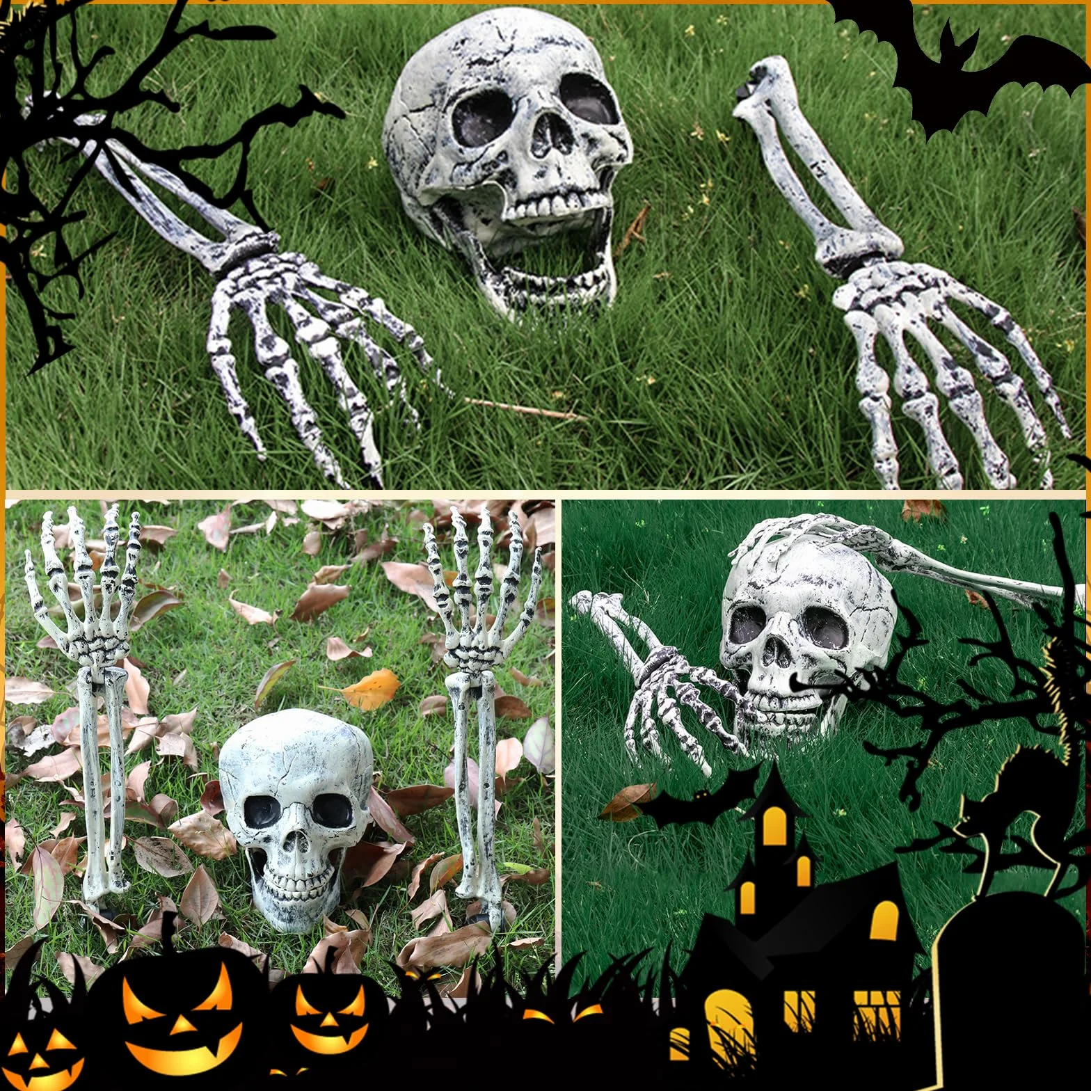 Dekoracja szkieletu na Halloween, jasny, 1 x czaszka i 2 x ręce, Halloween dekoracje szkieletowe na zewnątrz, ogród na cmentarz dziedziniec