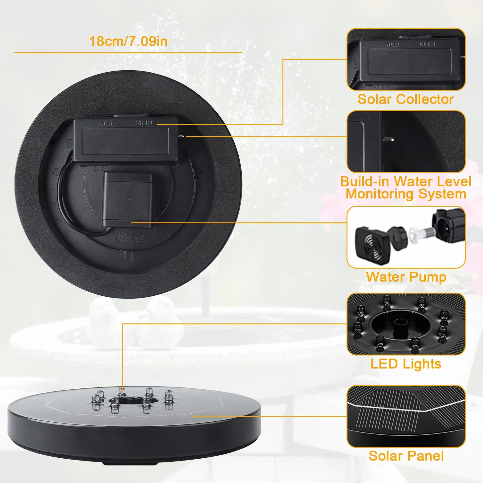 Solarna fontanna z oświetleniem LED, 3,5 W, solarna pompa do stawu z akumulatorem 3000 mAh, 6 dysz, solarna pompa wodna, pływająca pompa do ogrodu, stawu, kąpieli ptaków
