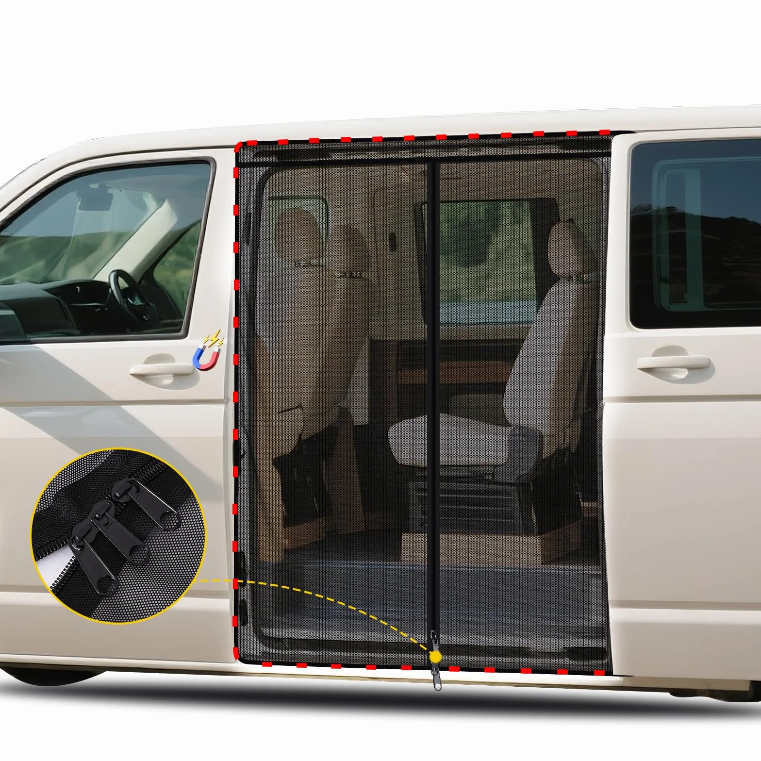 Moskitierka magnetyczna dla VW T5 T6 drzwi przesuwnych | Sieć przeciwkomary i moskitierka z zamkiem na środku | Ochrona przeciwsłoneczna jako akcesorium kempingowe dla Multivan