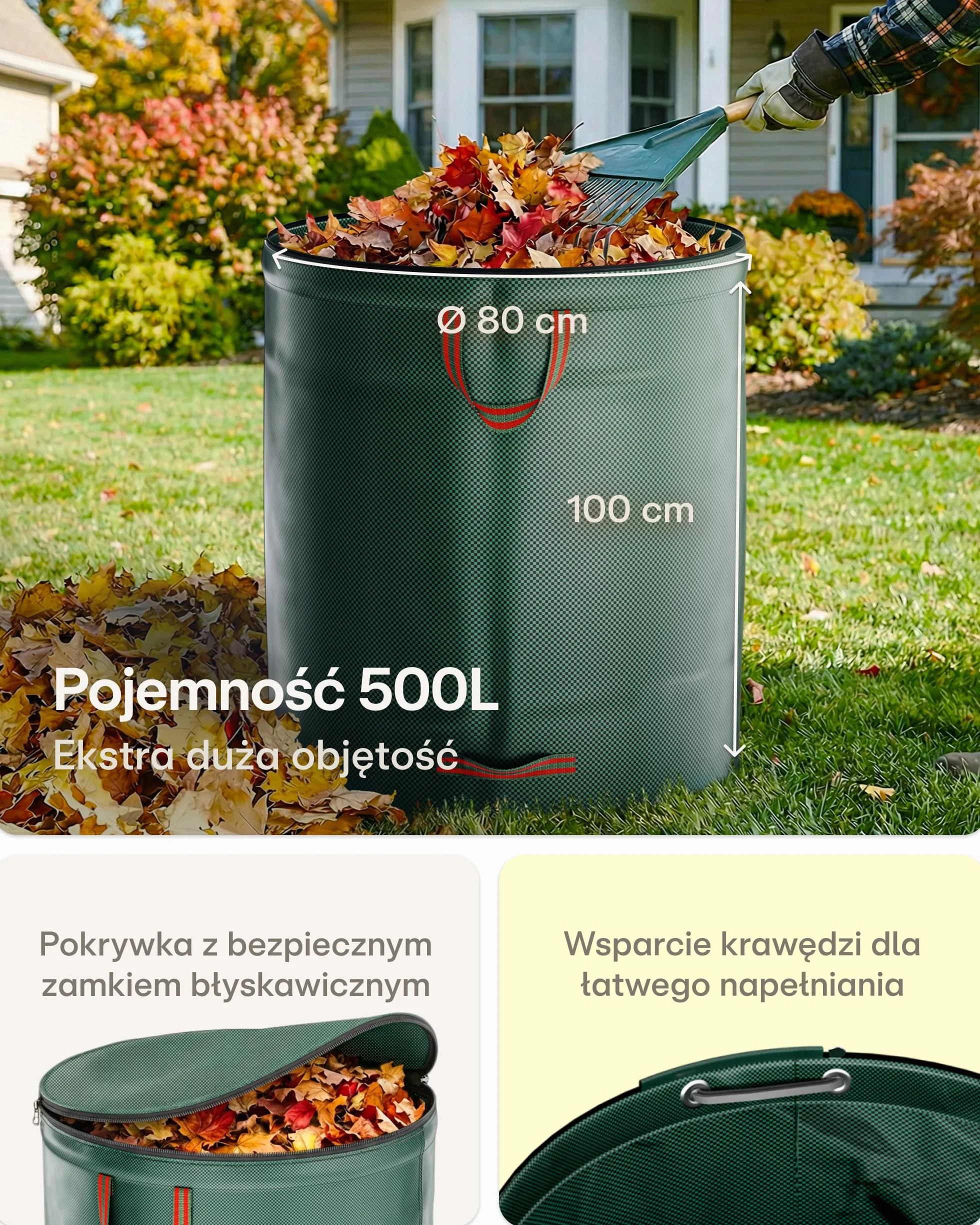 2x Worki Na Odpady Ogrodowe Wielokrotnego Użytku Z Uchwytami I Zamkiem Błyskawicznym Z Pokrywą 500L - Stabilne - Składane - Wytrzymały Polipropylen