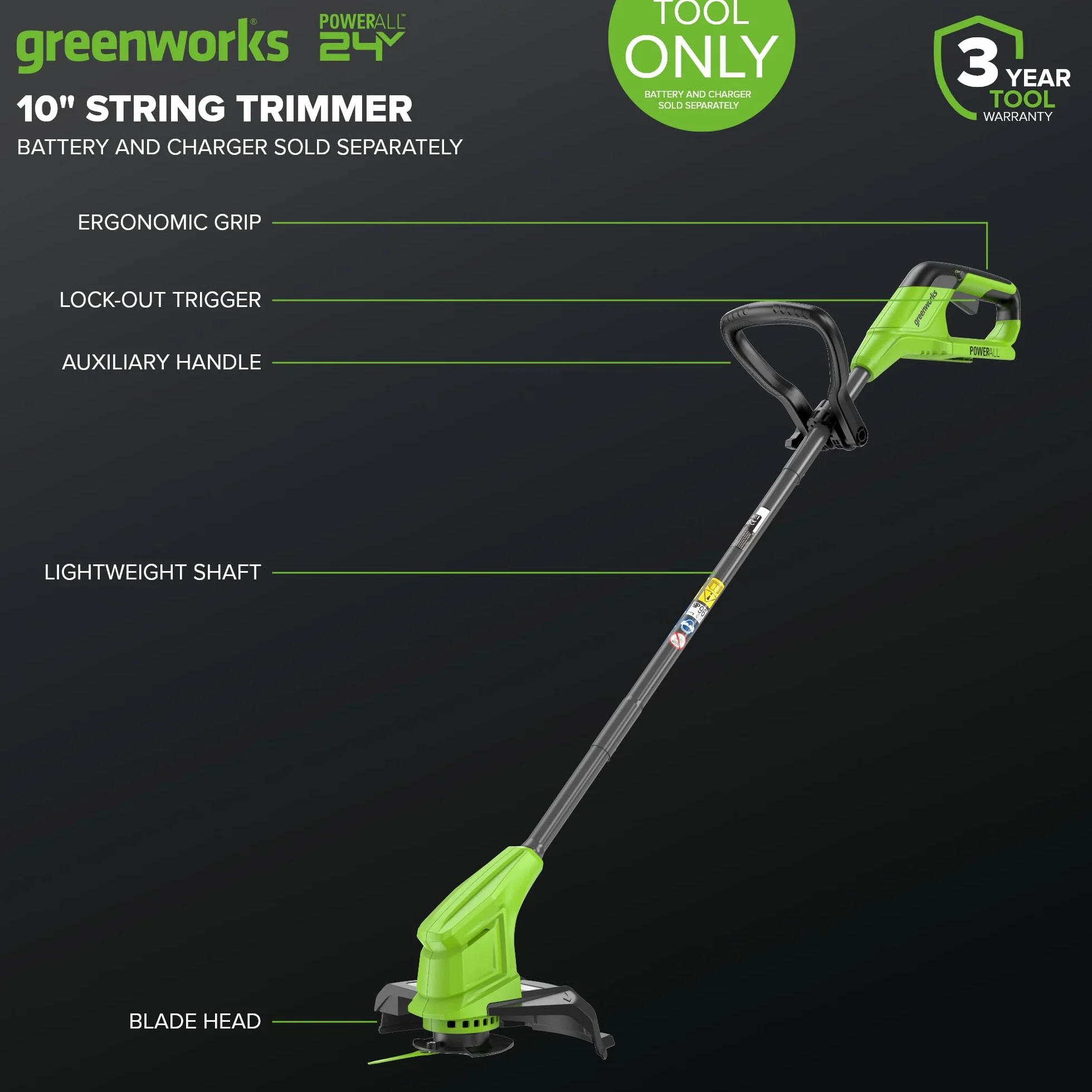 Greenworks Podkaszarka do trawy 24 V z akumulatorem do małych i średnich ogrodów, regulacja wysokości, szerokość cięcia 25 cm, w zestawie 20 ostrzy z tworzywa sztucznego, bez akumulatora i ładowarki