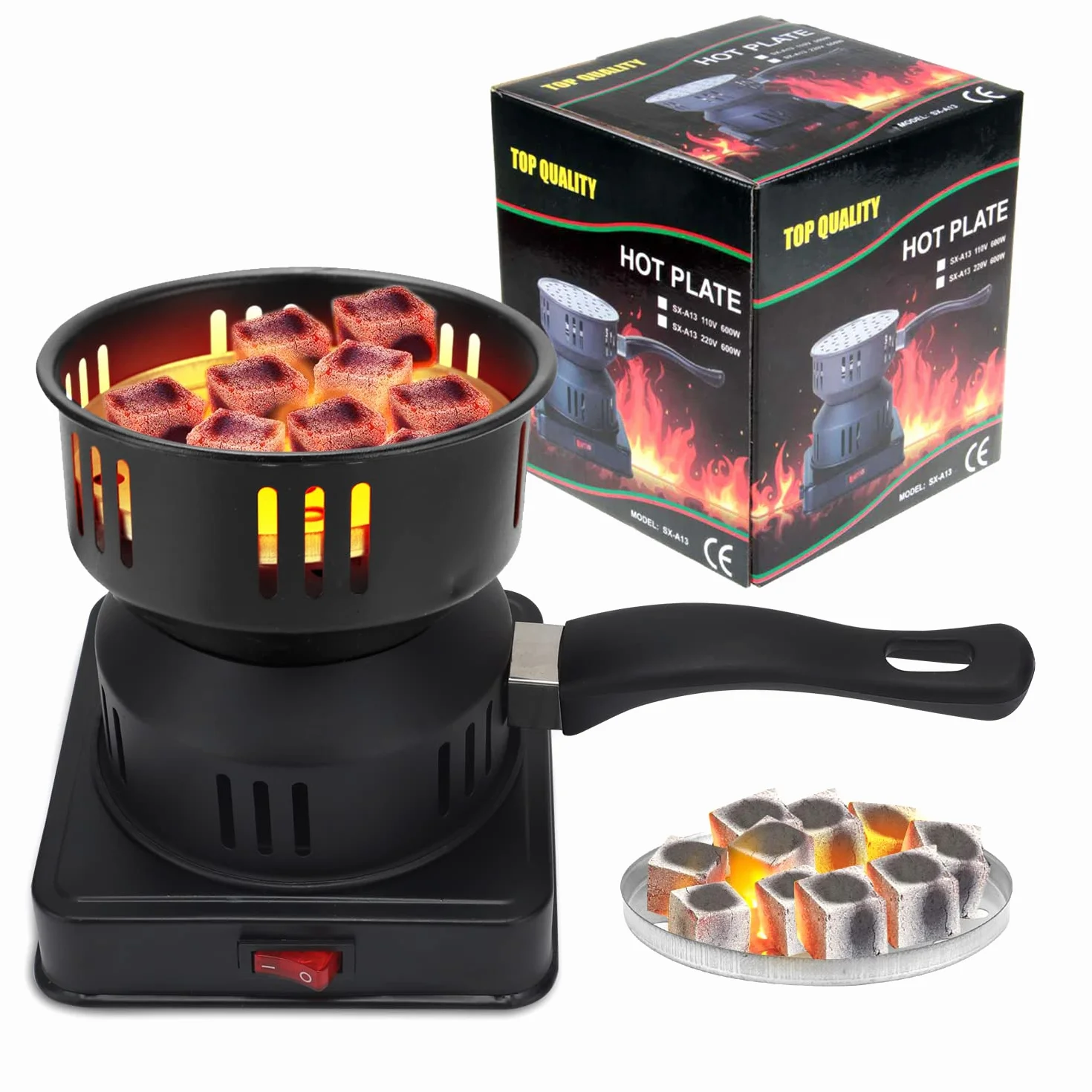 Gohytal Podpałka do węgla drzewnego, podpałka do węgla drzewnego, piec na węgiel drzewny, podpałka do grilla z długim kablem, 450–600 W, elektryczny grill na węgiel drzewny