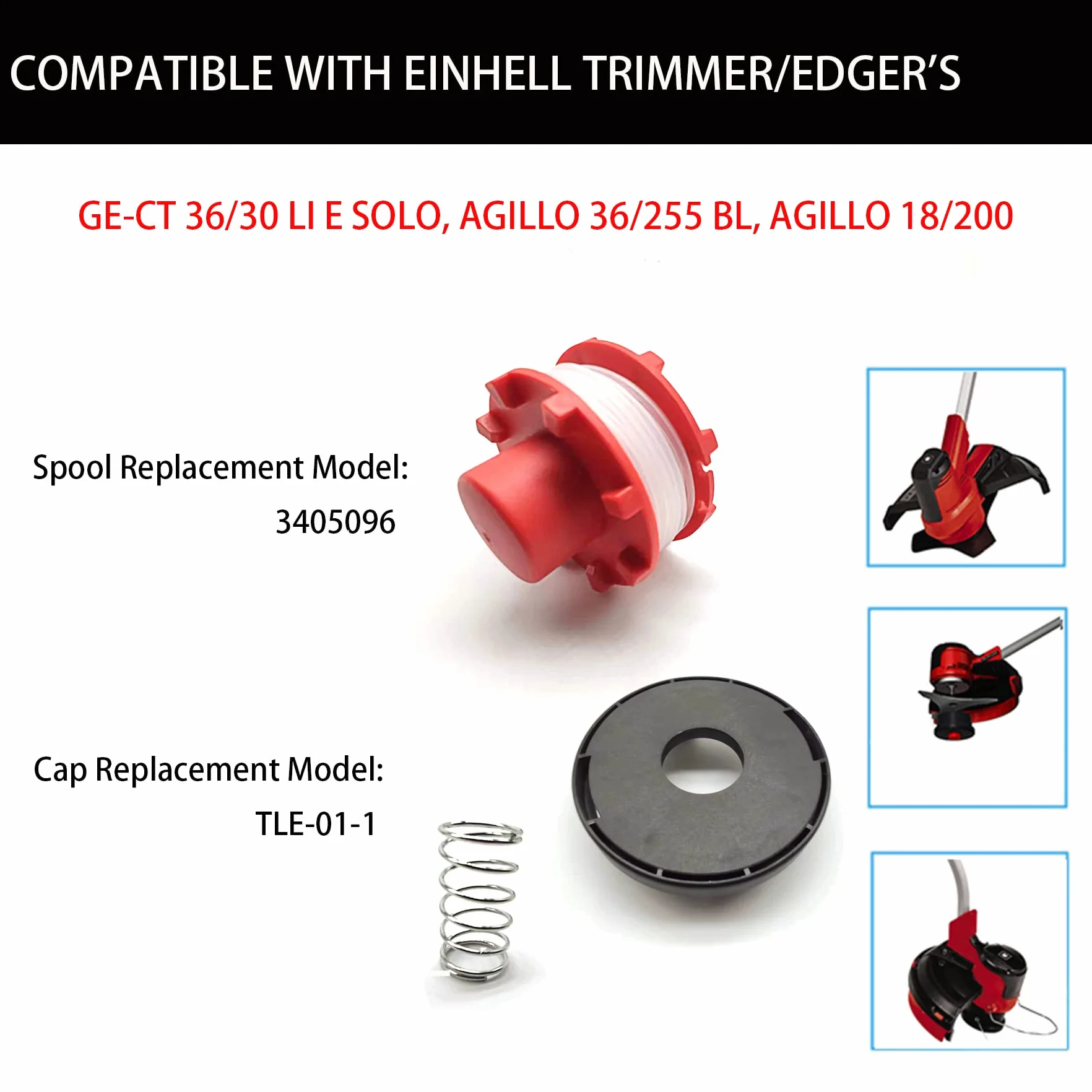 8 sztuk szpul zapasowych do podkaszarki do trawy Einhell GE-CT 36/30 Li E SOLO AGILLO 36/255 BL AGILLO 18/200 (zamiennik: 3405096), 6 szpul żyłki + 1 nasadka na szpulę żyłki + 1 sprężyna