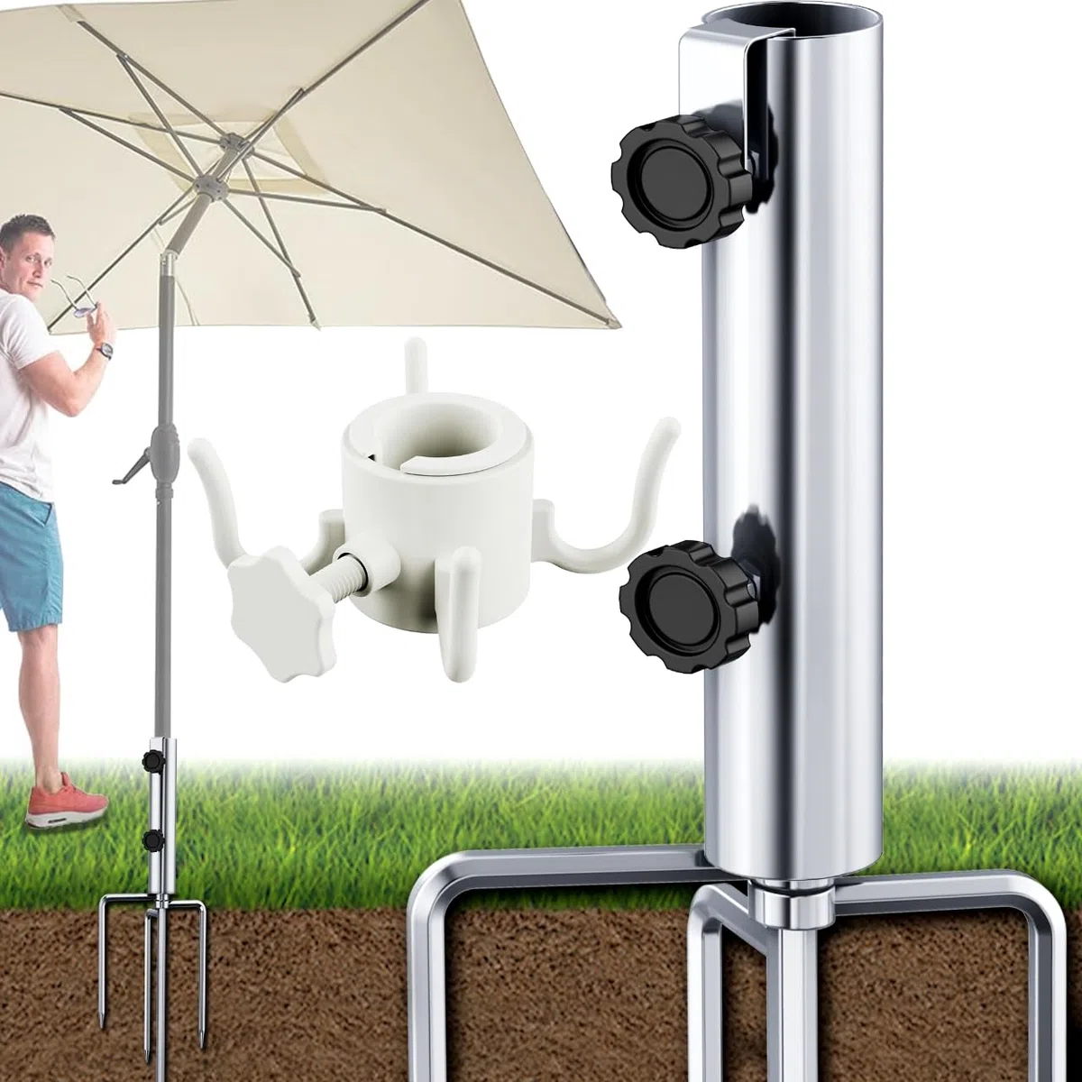 Stojak na parasol przeciwsłoneczny XL Ø 43 mm z hakiem na parasol plażowy – stojak na parasole z 4 śledziami, zdejmowany, regulowany, wytrzymała kotwa podłogowa do parasola przeciwsłonecznego