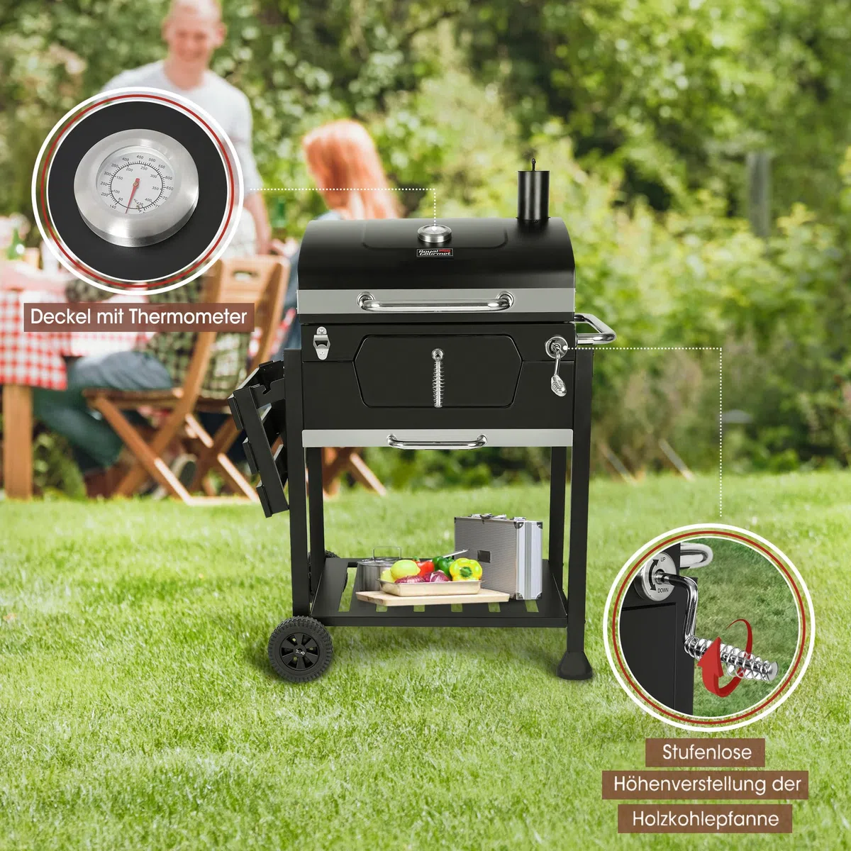 Royal Gourmet Grill na węgiel drzewny, grill na kółkach, grill kempingowy, węgiel drzewny, powierzchnia grillowania, 59 x 42 cm, czarny