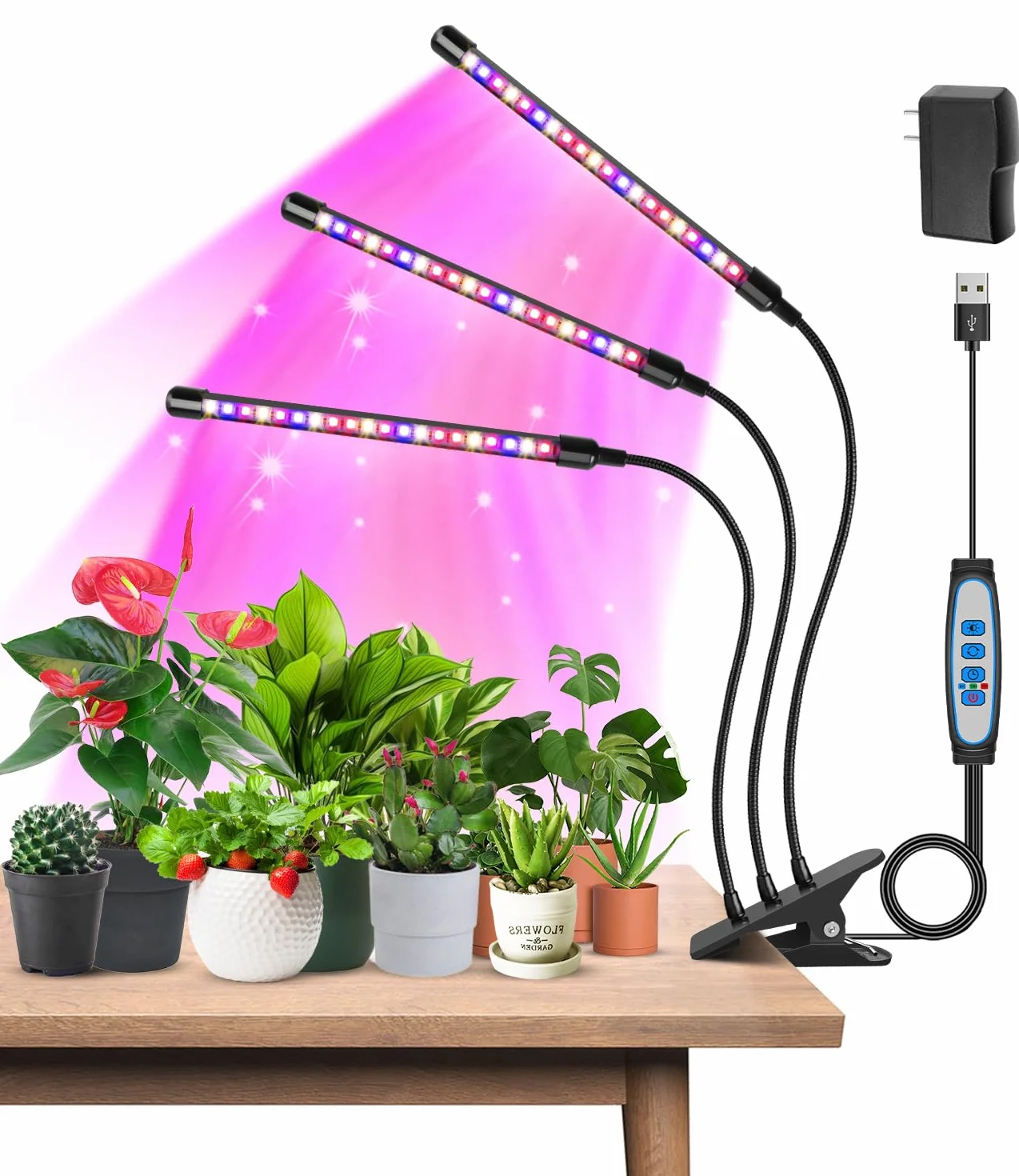 Garpsen Światło roślinne, 3 głowice czerwone - ciepłe niebieskie białe pełne spektrum wewnątrz roślin rosnące światło, 60 LED LED nasiona Start Grow light z automatycznym włączaniem/wyłączaniem