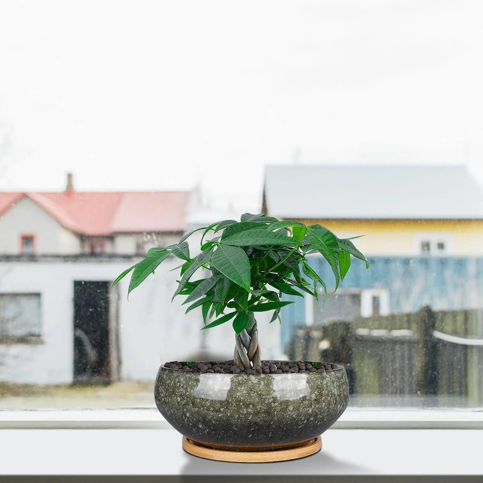 Ceramiczna doniczka bonsai, glazurowana płytka doniczka na sukulenty z otworem drenażowym i bambusowym spodkiem do roślin domowych, zielona