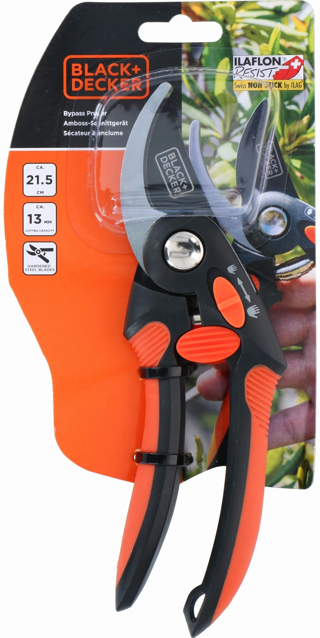BLACK+DECKER Bypass sekator ogrodowy – wysokiej jakości stalowe ostrza – nożyce do gałęzi z ergonomicznym uchwytem – nożyce do przycinania drzew o pojemności 13 mm – czarne/pomarańczowe