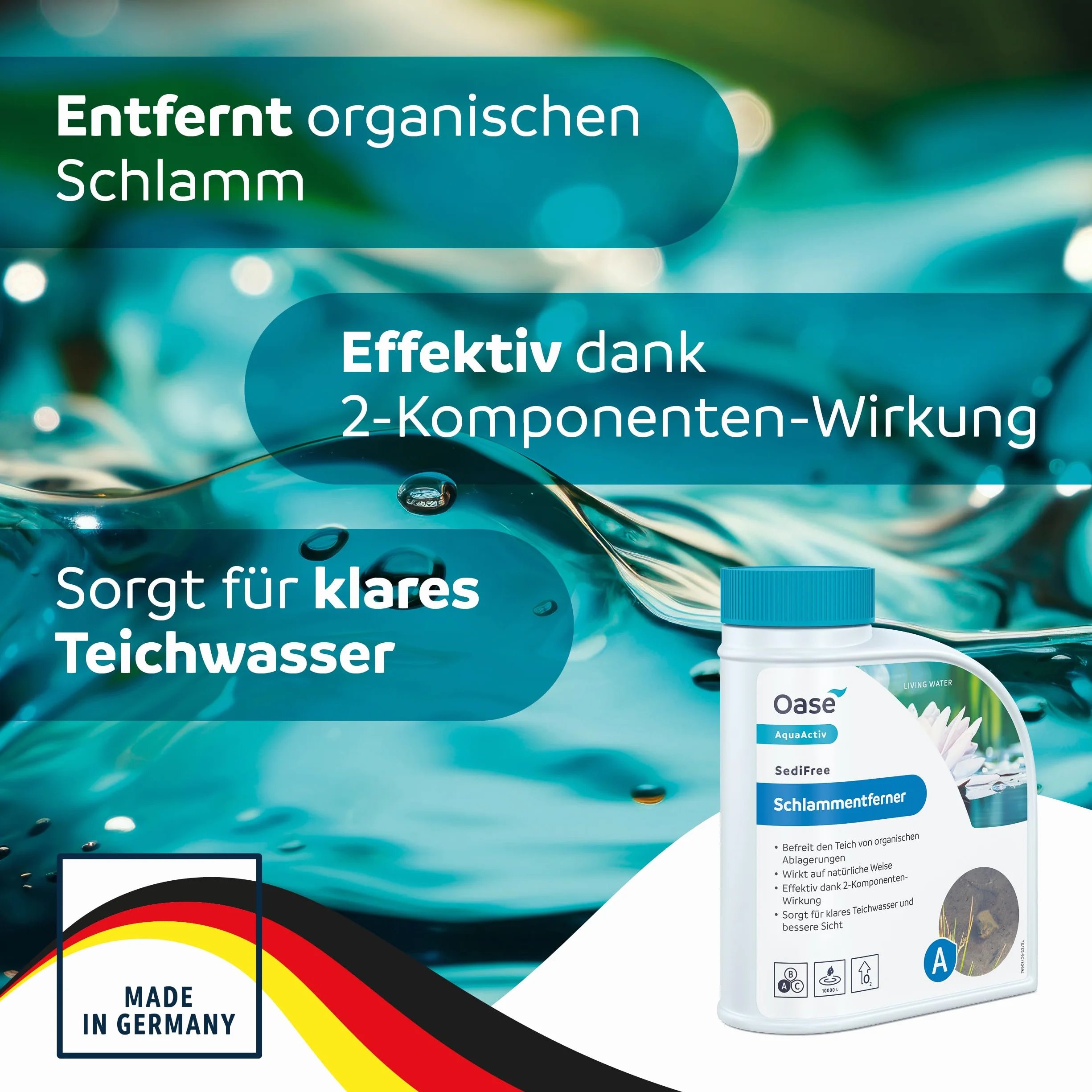 OASE 43143 AquaActiv SediFree środek do usuwania szlamu 500 ml – szybka i biologiczna pielęgnacja stawu z tlenem i bakteriami, usuwa błoto z stawu wodnego, oczka wodnego, stawu ogrodowego, koitoczka z ryby.