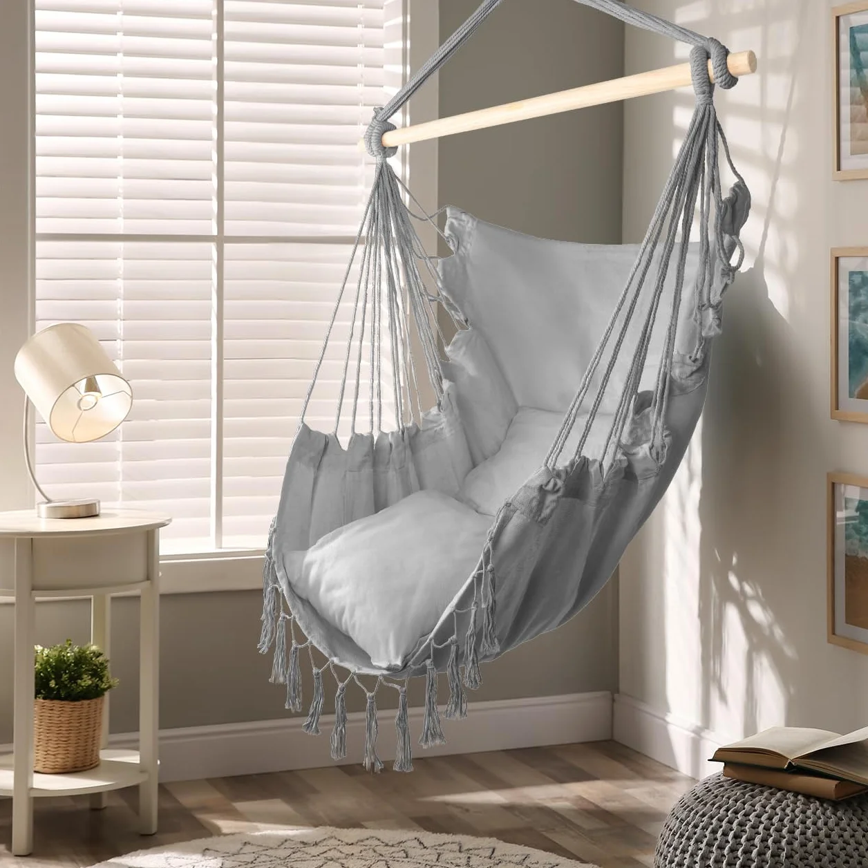 MalTec fotel wiszący do ogrodu, fotel Brasilian Cocoon z poduszkami, fotel wiszący do użytku wewnątrz i na zewnątrz, kolor szary, fotel do zawieszenia, obciążenie do 120 kg