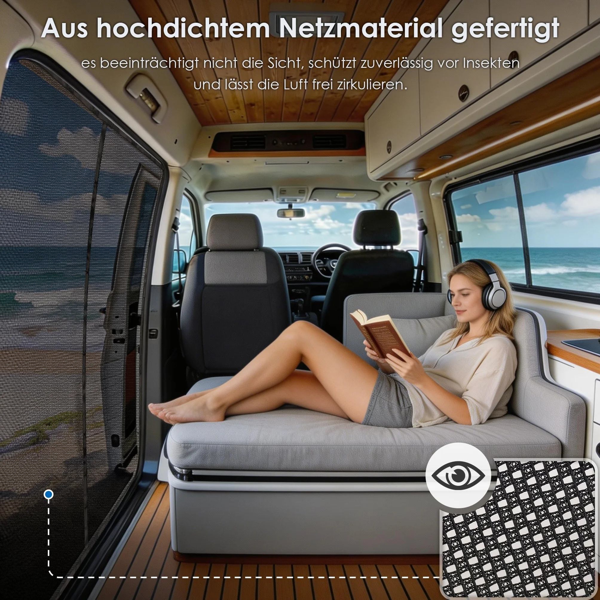Moskitiera magnetyczna do VW T5 T6 drzwi bocznych, automatyczne zamknięcie na magnes środkowy, 122 g/m² poliester o wysokiej gęstości, siatka 1 mm, ochrona przed owadami na kemping, do aktywności na