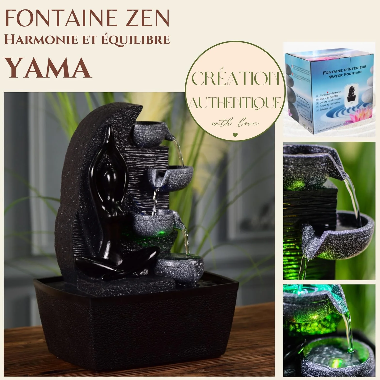 Yama Zen'Light fontanna wewnętrzna wodospad 4 poziomy ściana wodna LED wys. 25cm dekoracja Zen