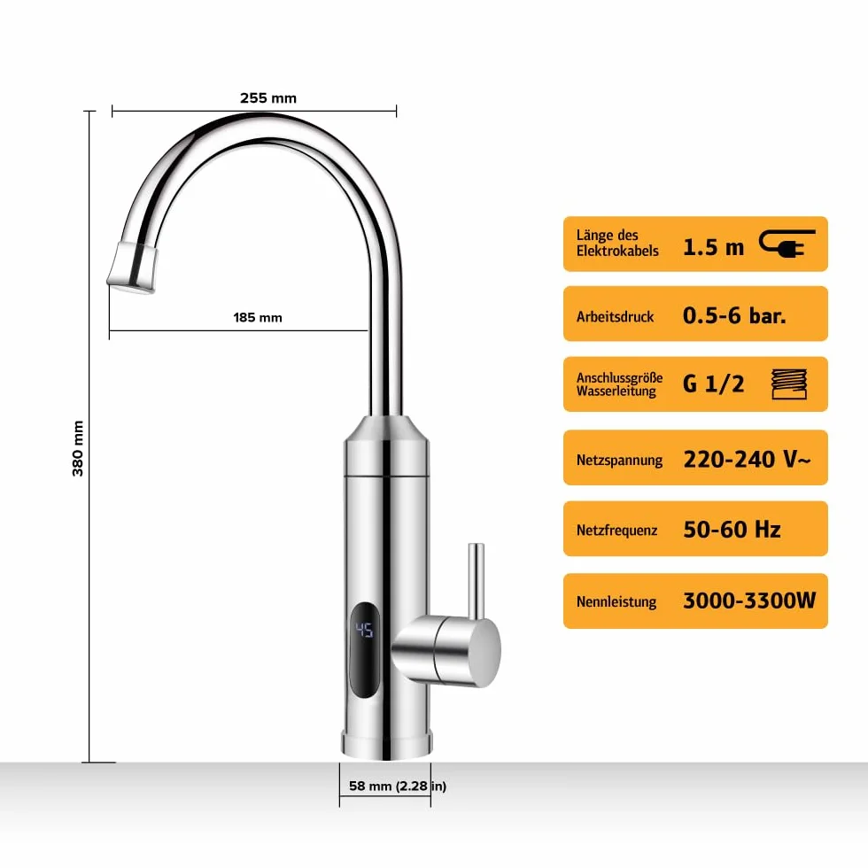 HOGART Elektryczny kran z podgrzewaczem wody 230 V do kuchni, ogrodu, łazienki, przyczepy kempingowej, na kemping, inteligentny ogrzewacz, armatura z natychmiastowym podgrzewaczem wody, kranem do