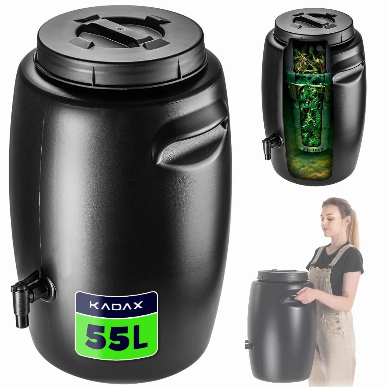 KADAX Beczka do nawozu organicznego 55 l, czarna, pojemny zbiornik do przygotowania gnojówki i przechowywania nawozów płynnych w ogrodzie