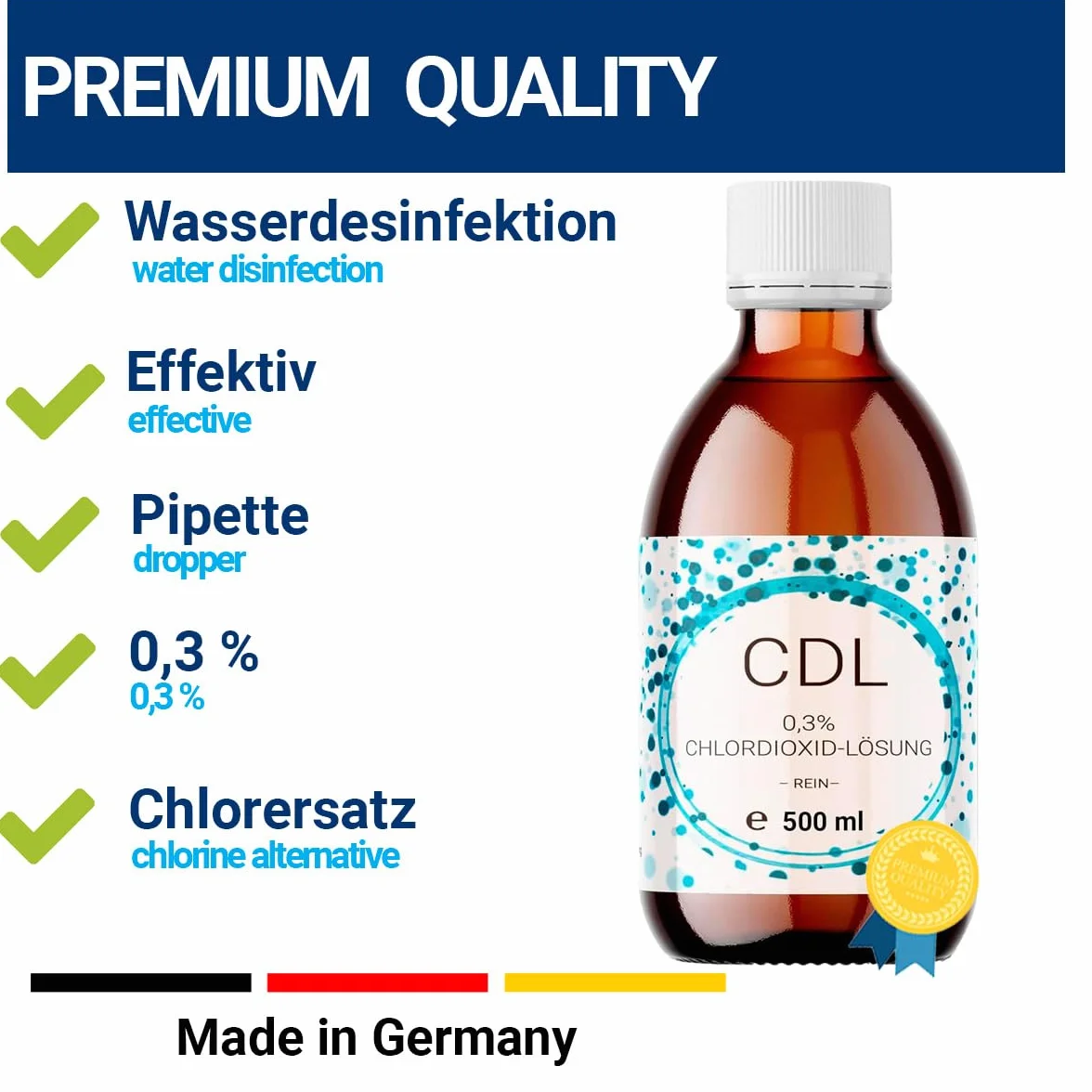 500 ml roztwór dwutlenku chloru CDL/CDs 0,3%, destylowany, szklana butelka z kroplomierzem dozującym