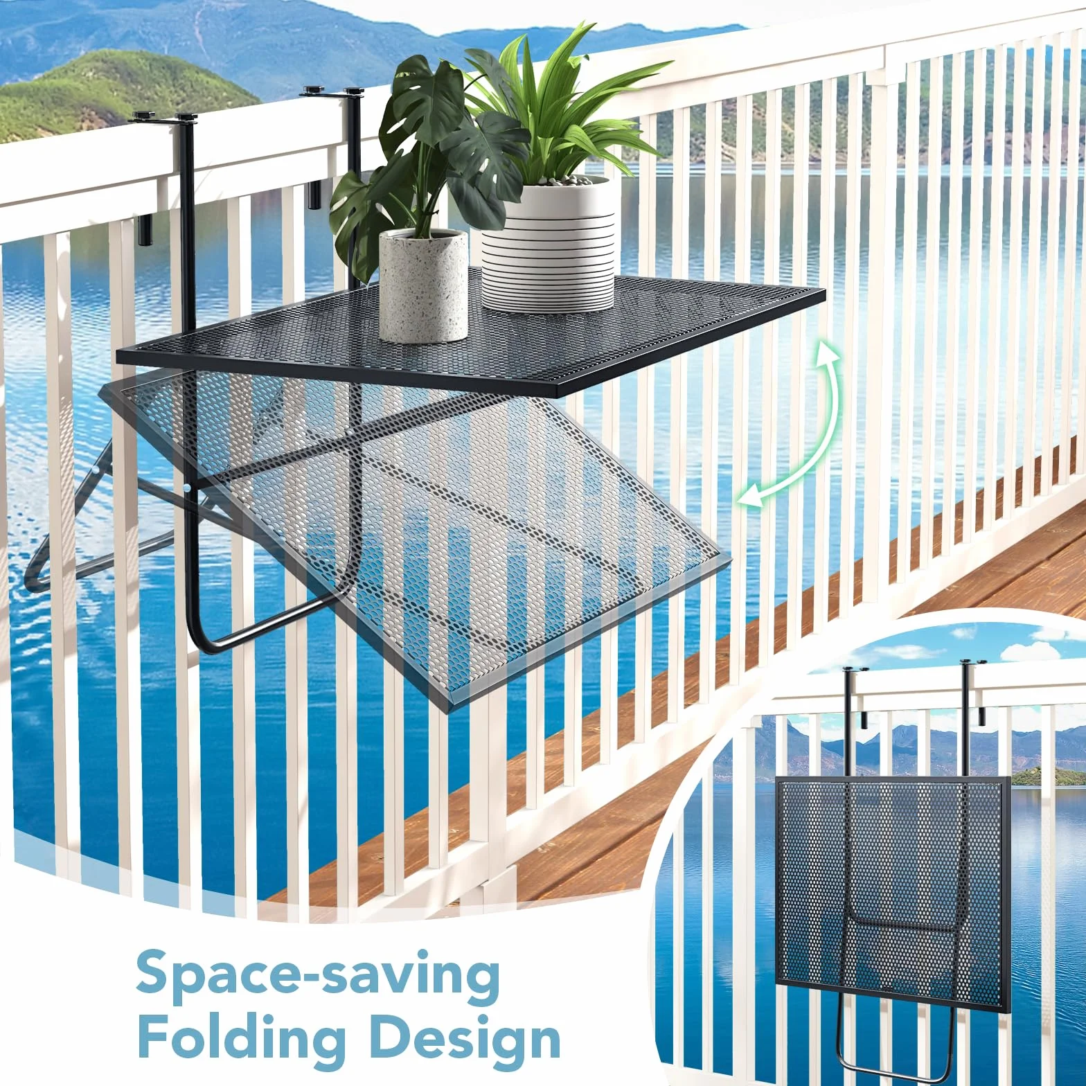 GIANTEX Składany stół balkonowy, metalowy stolik pomocniczy do balustrad | 60,5 x 40,5 x 51 cm, metalowy stolik zewnętrzny oszczędza miejsce, blat z siatki, na taras