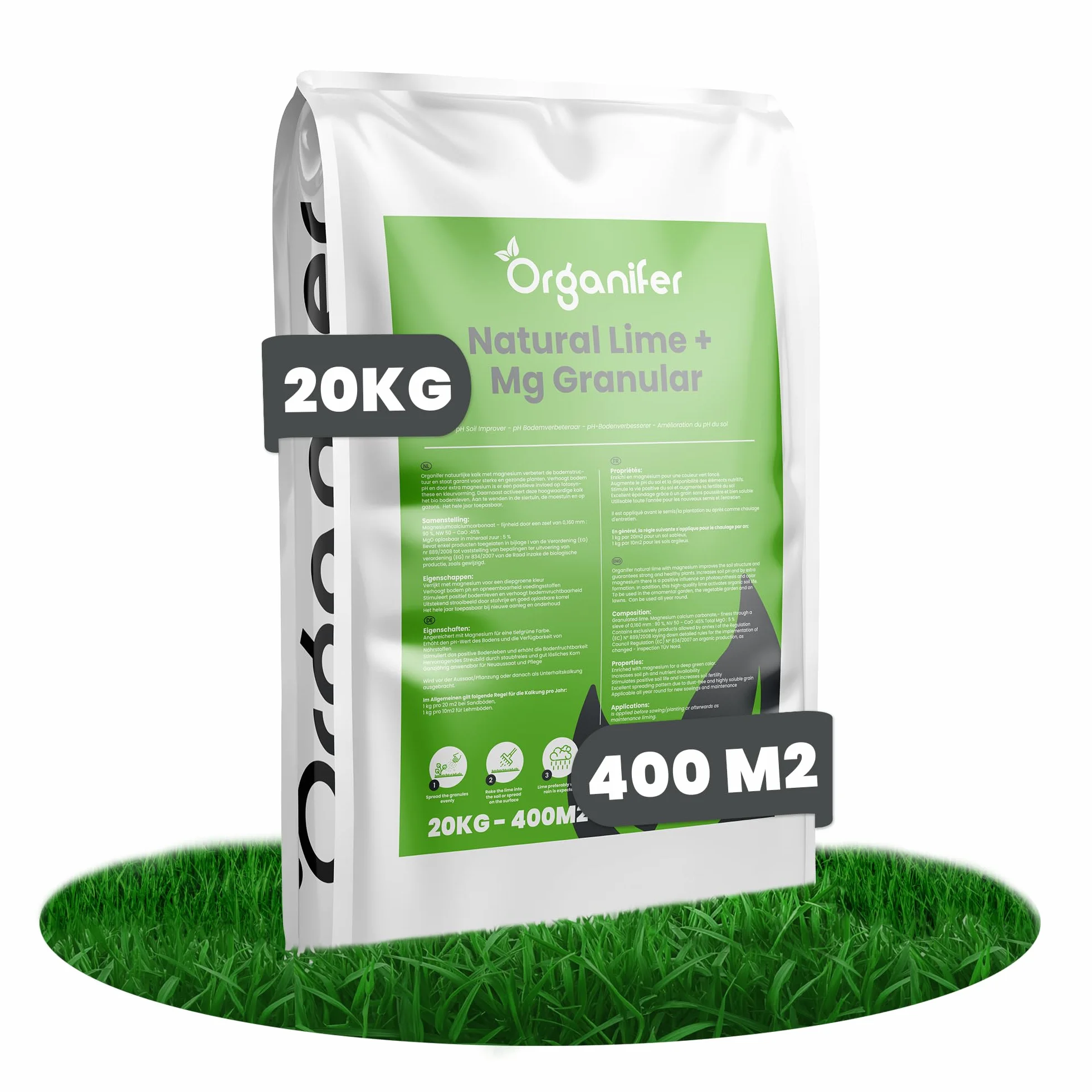 Granulat Wapna Ogrodowego - 20 Kg Na 400 Mb - Nawóz Wapnowy Skuteczny Przeciwko Mchom I Chwastom - Optymalizuje Ph I Wspomaga Zdrowy Wzrost Roślin - Organifer