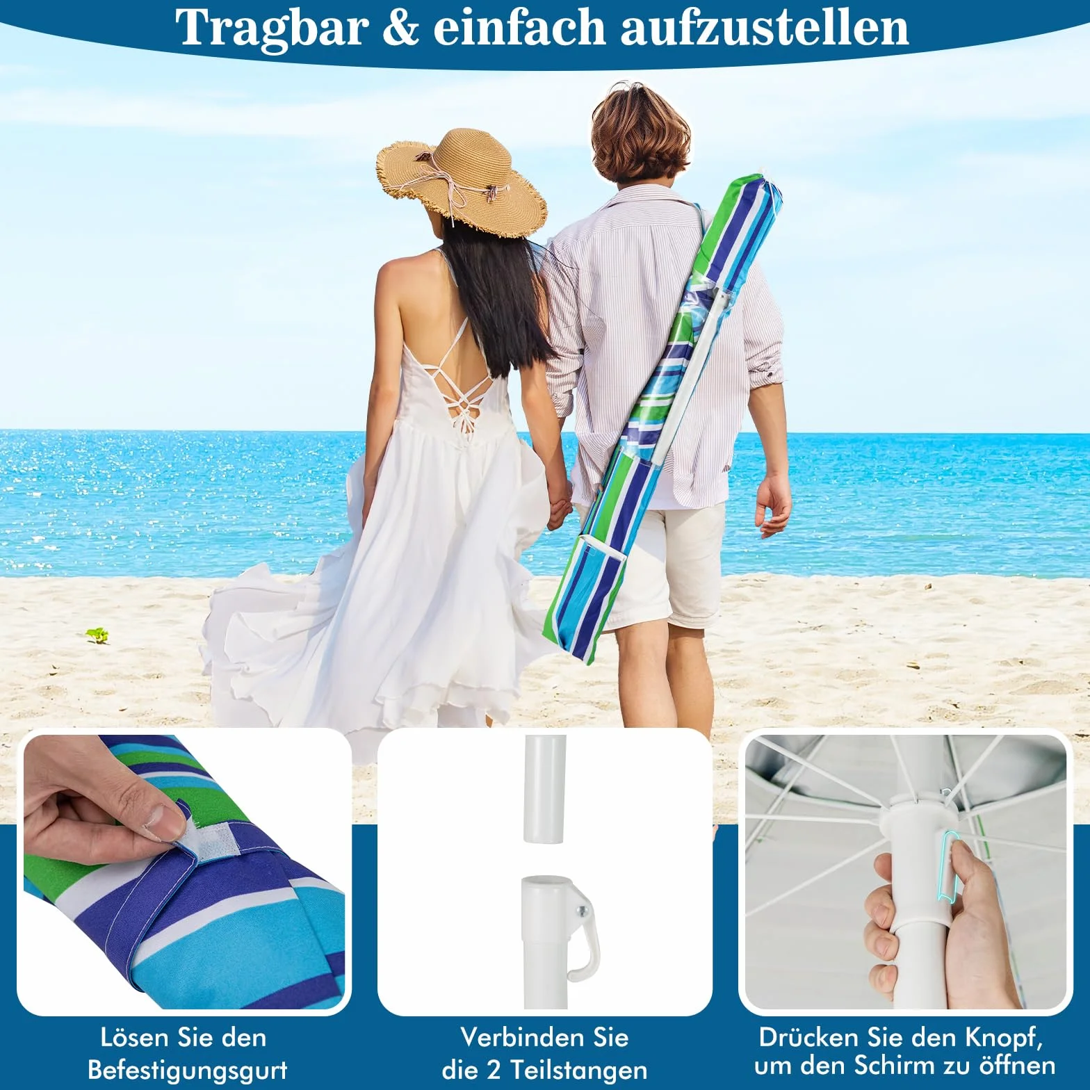 COSTWAY Parasol przeciwsłoneczny, 182 cm, odporny na wiatr, stabilny, UPF 50+, możliwość zginania w zakresie 30°, ochrona przed słońcem z ostrzem do wbijania w ziemię i torbą do przenoszenia, parasol