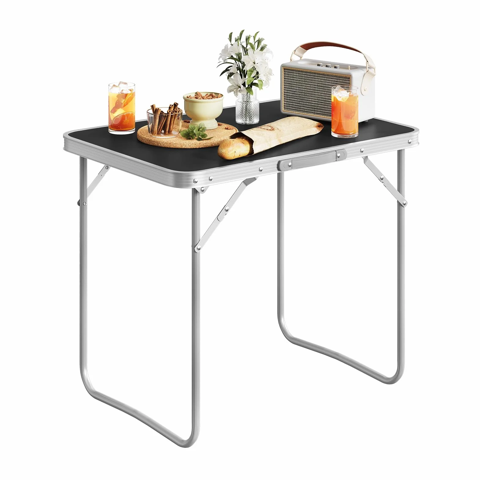 Woltu składany stół kempingowy, stół podróżny z uchwytem, 70 x 50 x 60 cm (dł. x szer. x wys.), składany, stół ogrodowy z aluminium i płyty MDF, na piknik, plażę, na świeże powietrze, czarny,