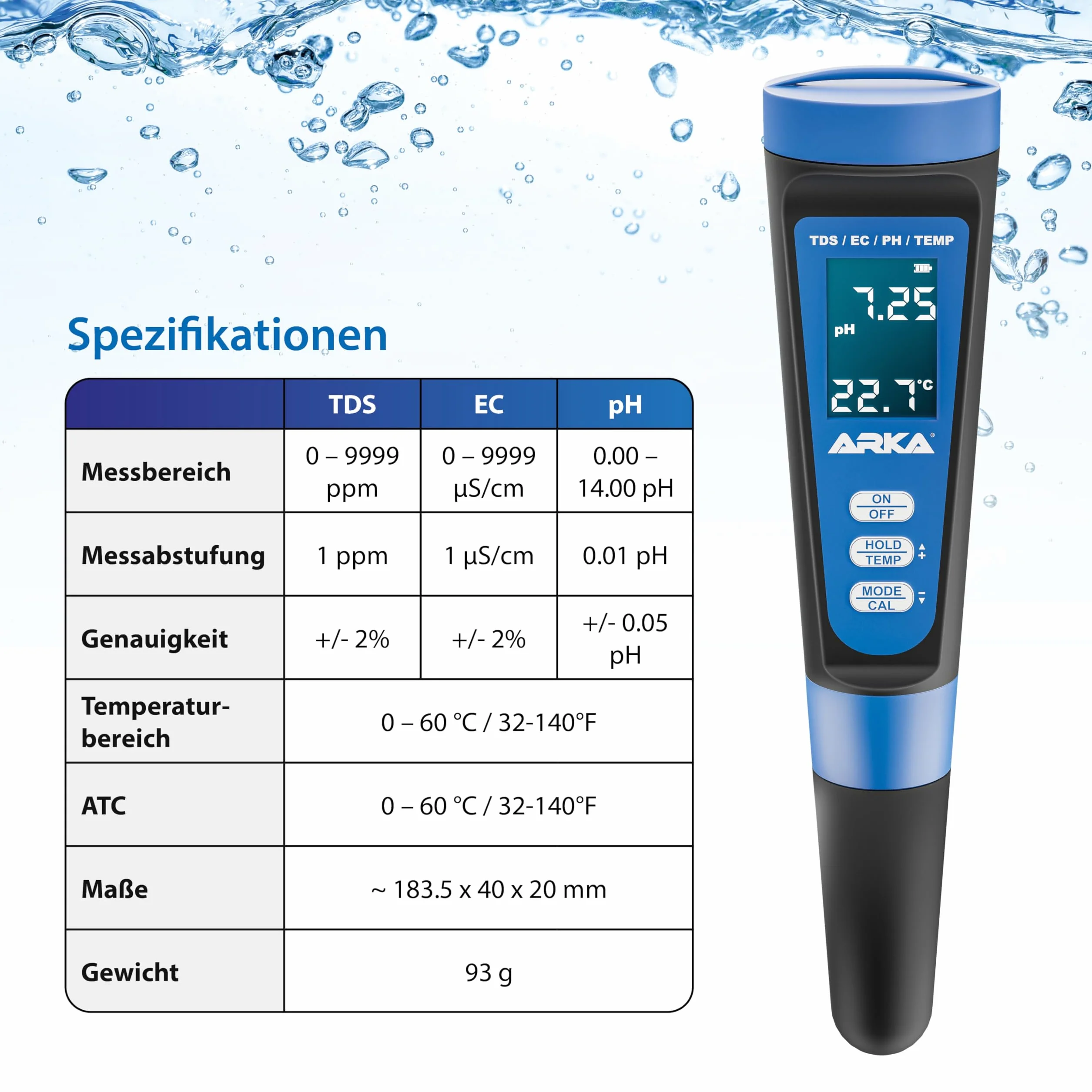 ARKA myAQUA pH/TDS/EC miernik jakości wody do pomiaru pH, TDS, EC i temperatury, w zestawie roztwór kalibracyjny, idealny do akwariów, basenów, stawów i wody pitnej