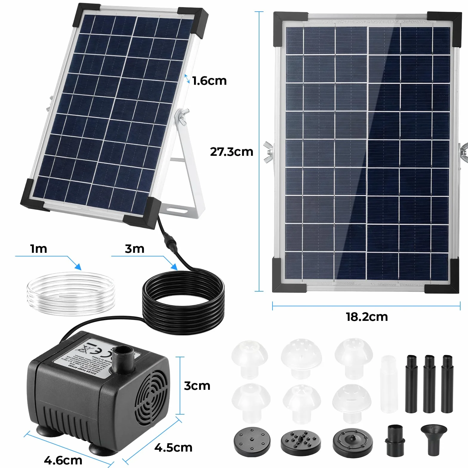 Pompa solarna do oczka wodnego 5 W, fontanna solarna 170 l/h, z 1-metrową rurą wodną DIY, 9 dysz, długość kabla 3,25 m, pompa wodna solarna, do oczka wodnego, fontanny, wodospadu, basenu