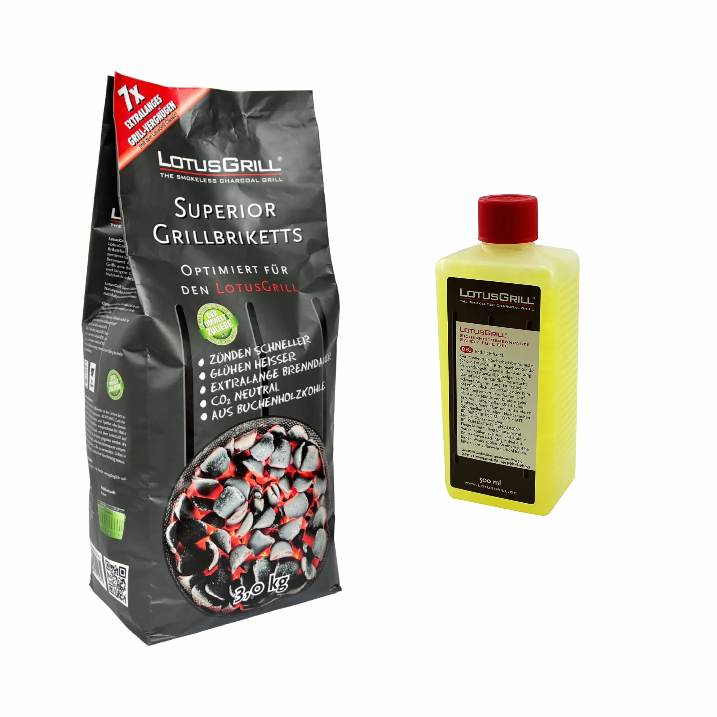 LotusGrill Superior BBQ-Briquette 3 kg + pasta do rozpalania 500 ml – neutralna emisja CO2, szybki zapłon, długi czas palenia