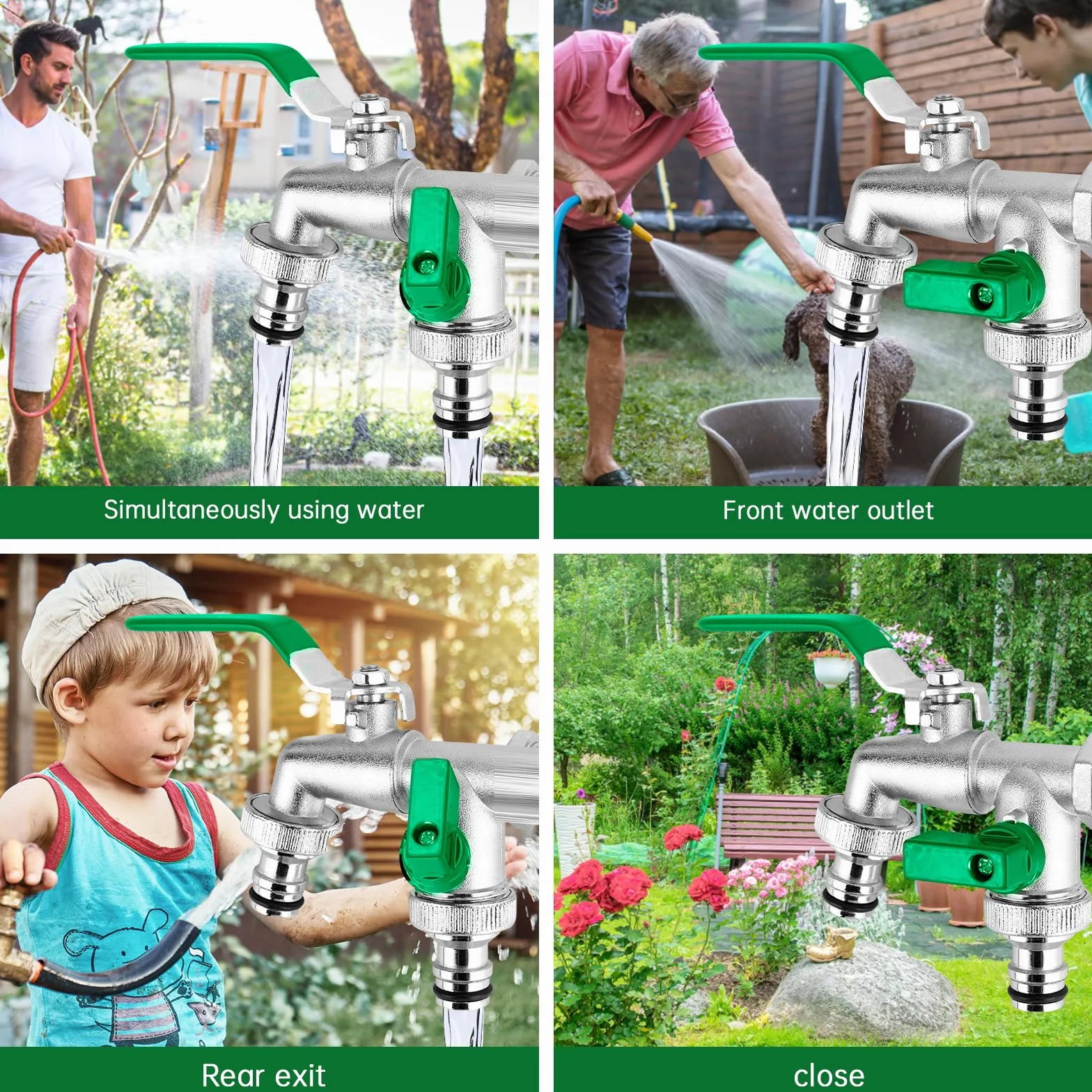 Podwójny kran ogrodowy zewnętrzny 1/2" czerwony mosiężny zawór kulowy 2 x 3/4" zielony