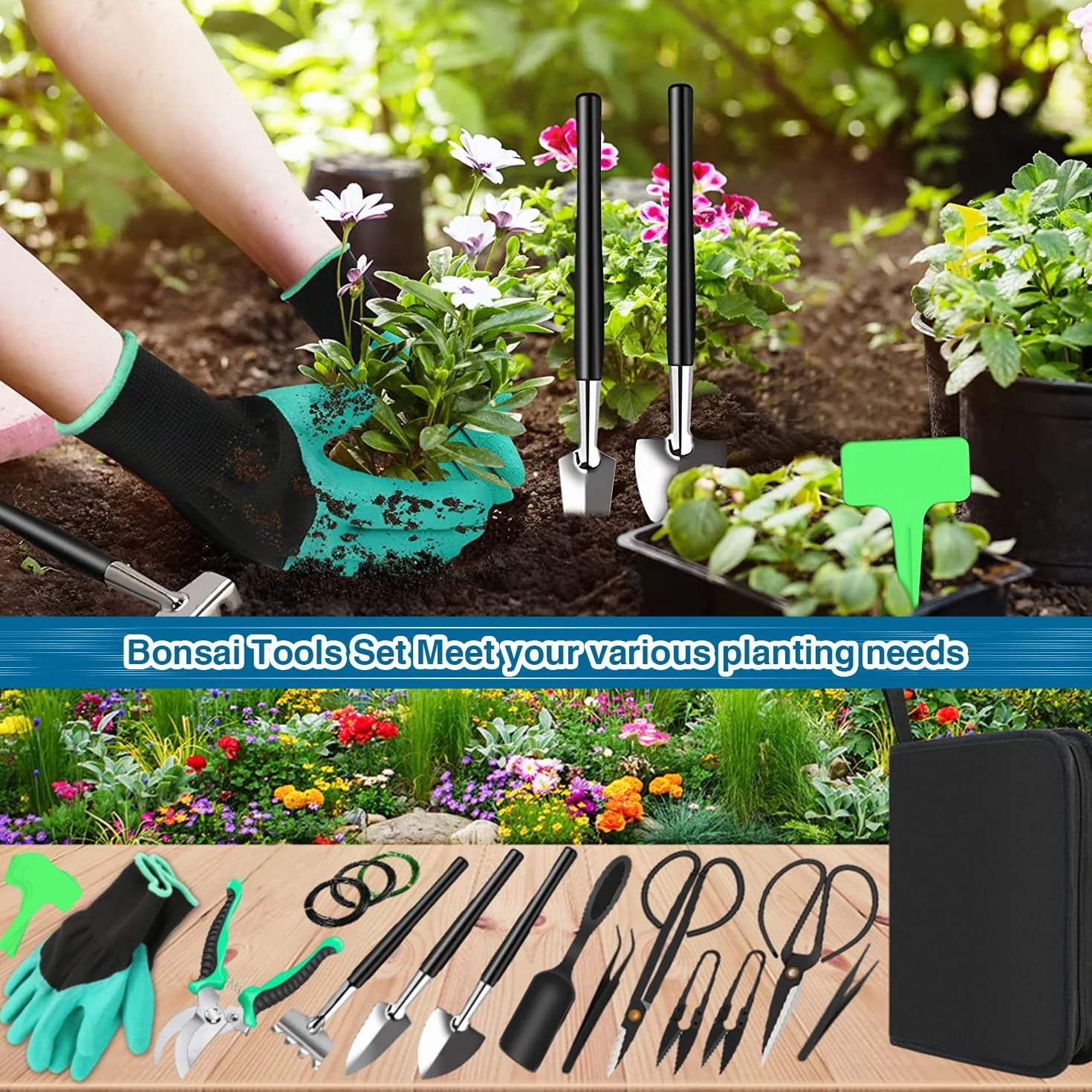 DEWINNER Bonsai Zestaw narzędzi ogrodniczych 24 sztuk, torba do przechowywania, rękawice ogrodowe