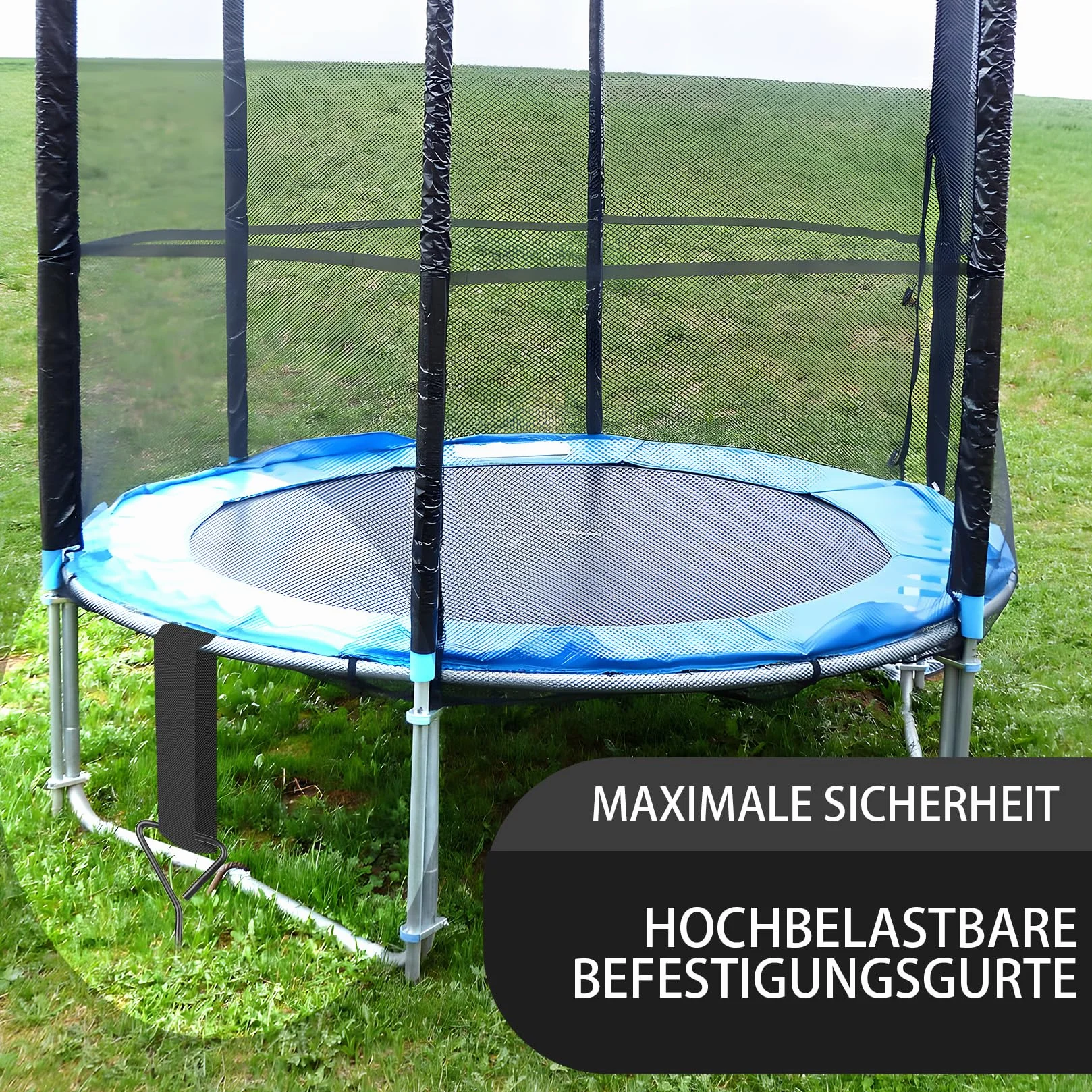 Zestaw 4 kotwic do trampoliny, 37 cm, wytrzymałe kołki do trampoliny, zestaw kołków do trampoliny, spiralne kołki ogrodowe do trampolin, kotwice naziemne, + 4 paski mocujące